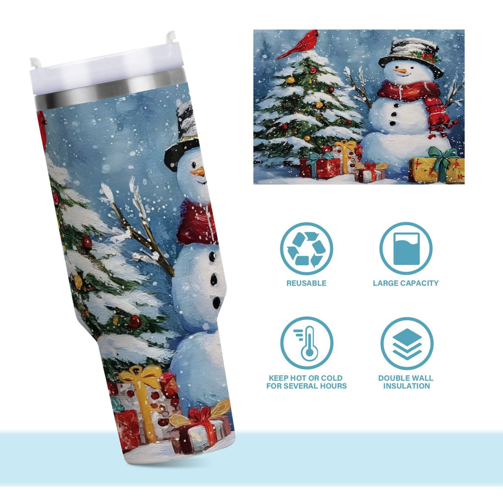 30 oz Insulated Stainless Steel Tumbler Double Wall Stainless Steel Tumbler with 2-Way Drinking Christmas Scene with Snowman - NBC0