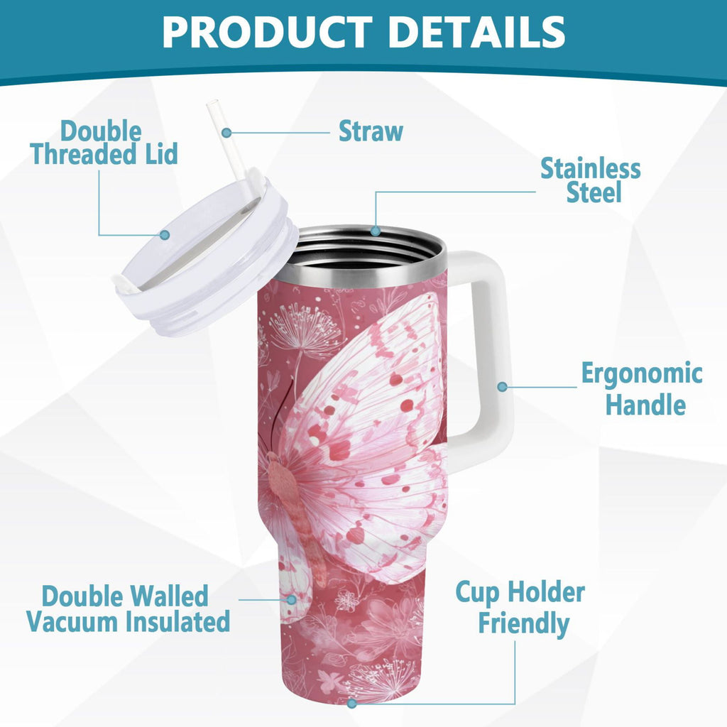 30 oz Insulated Stainless Steel Tumbler Double Wall Stainless Steel Tumbler with 2-Way Drinking Soft Pink Butterfly - 2RQD