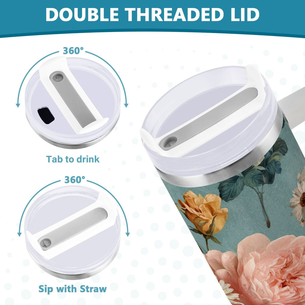 30 oz Insulated Stainless Steel Tumbler Double Wall Stainless Steel Tumbler with 2-Way Drinking Vintage Roses and Peonies - DZ0L