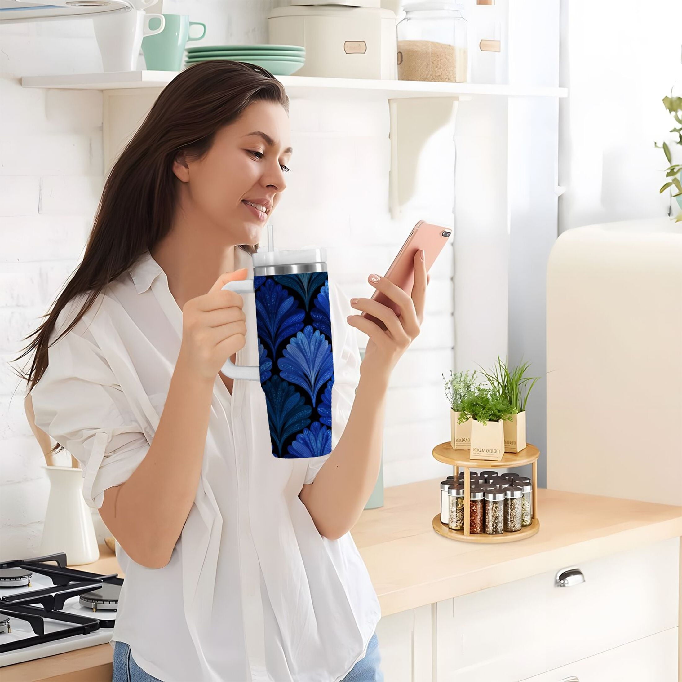 30 oz Insulated Stainless Steel Tumbler Double Wall Stainless Steel Tumbler with 2-Way Drinking Blue Batik Leaves Pattern - OM7T