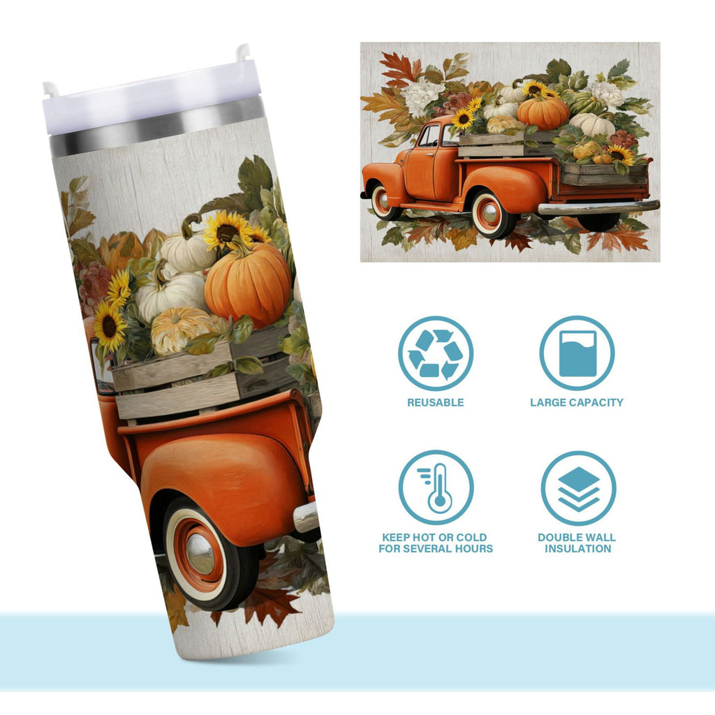 40 oz Insulated Stainless Steel Tumbler Double Wall Stainless Steel Tumbler with 2-Way Drinking Truck Full Of Pumpkins - GH7X