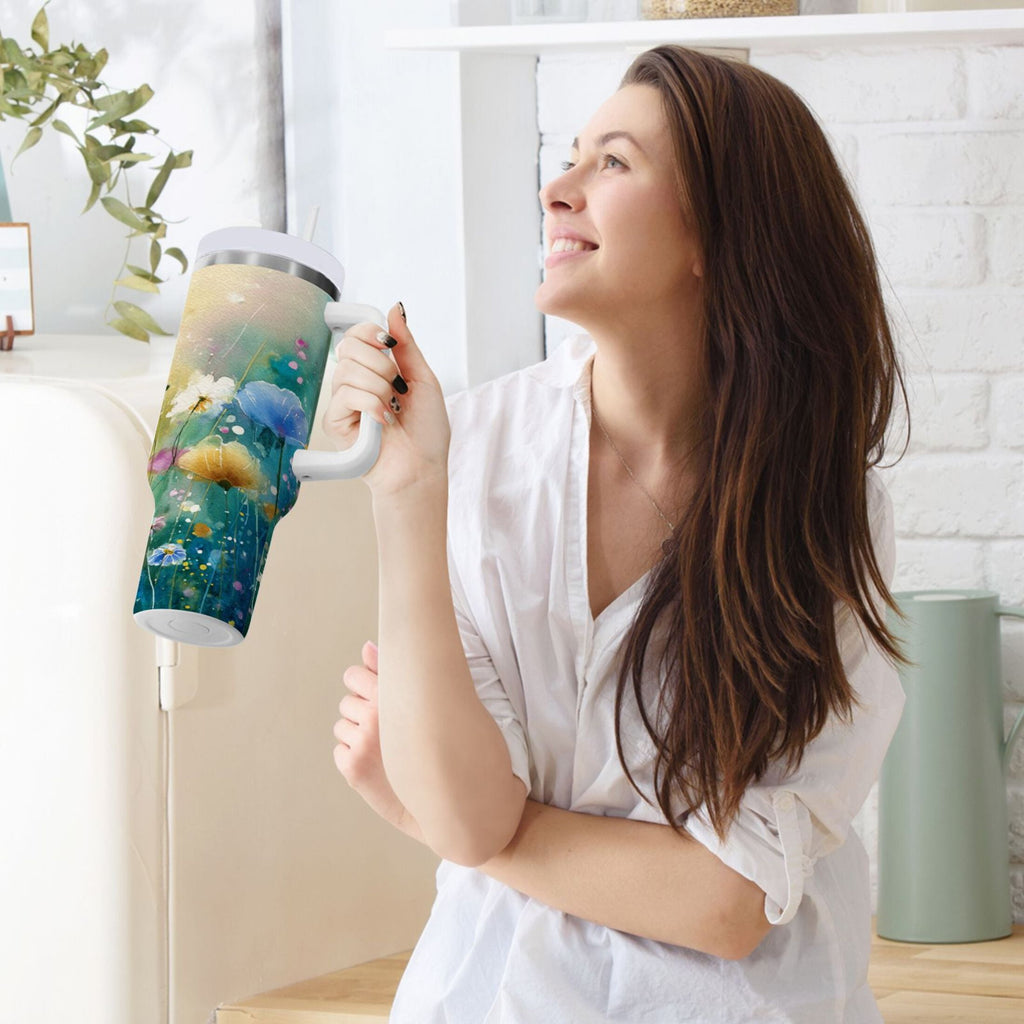 30 oz Insulated Stainless Steel Tumbler Double Wall Stainless Steel Tumbler with 2-Way Drinking Watercolor Wildflowers - 5Y1D