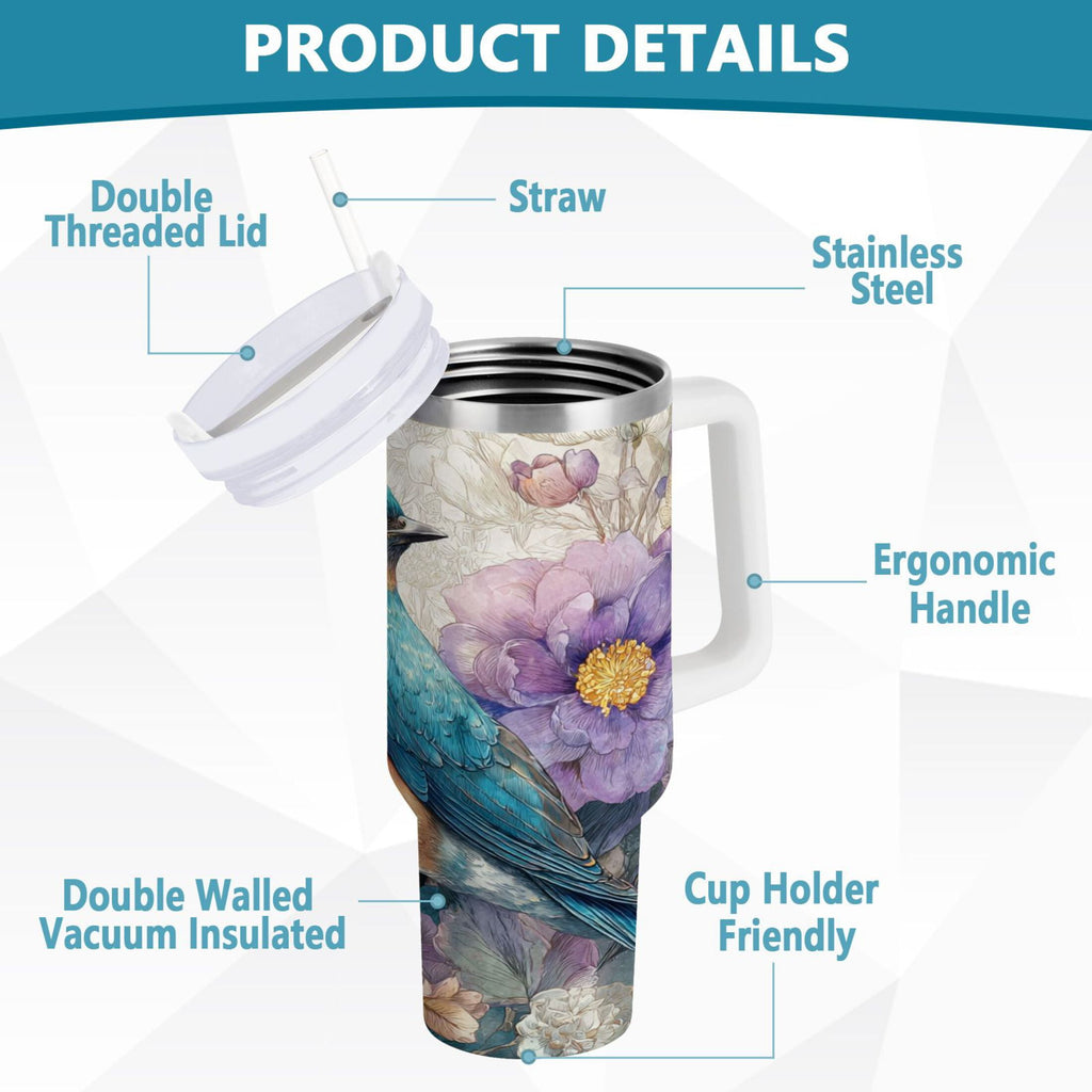 30 oz Insulated Stainless Steel Tumbler Double Wall Stainless Steel Tumbler with 2-Way Drinking Bluebird and Flower - VS42