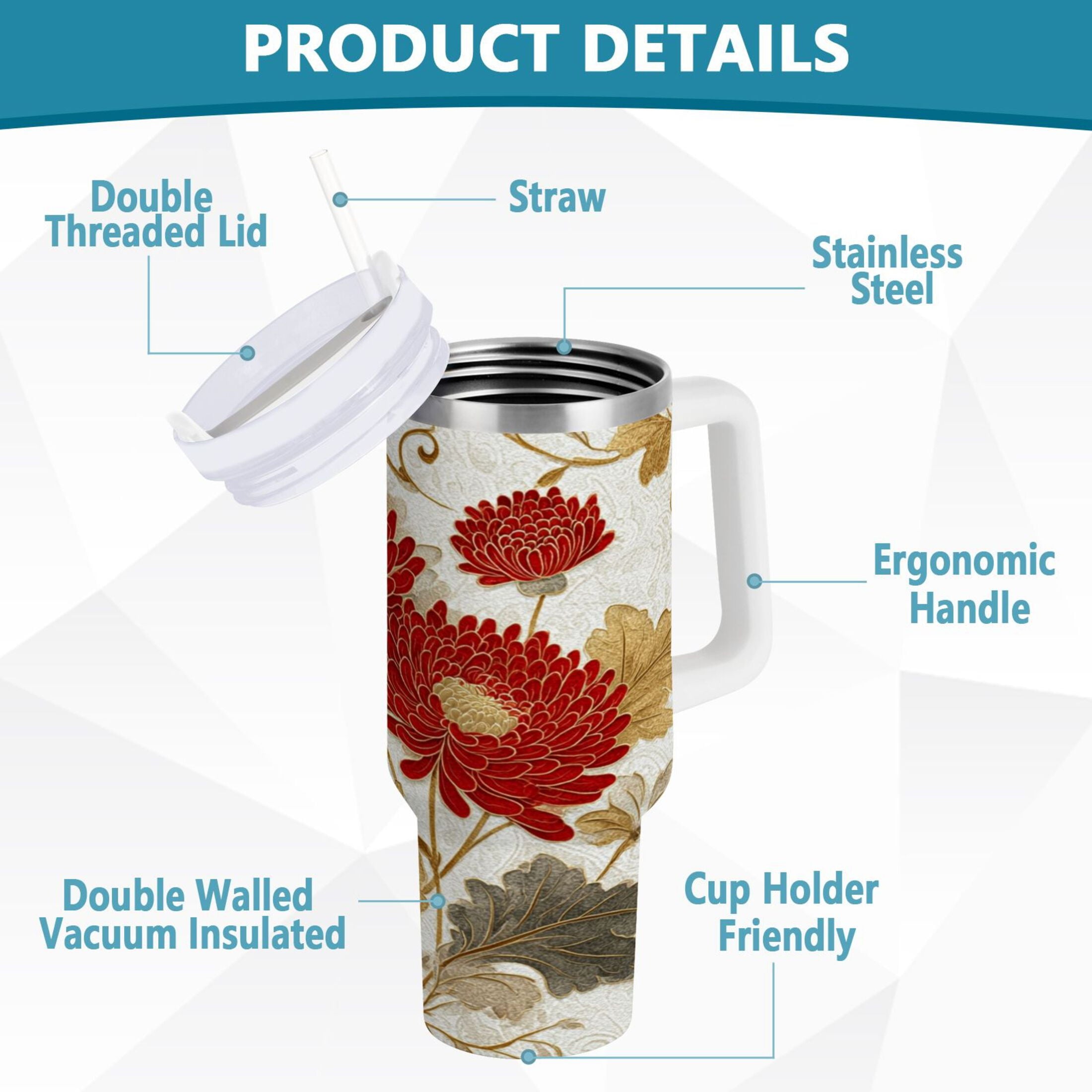 30 oz Insulated Stainless Steel Tumbler Double Wall Stainless Steel Tumbler with 2-Way Drinking Red Chrysanthemum Pattern - BLDC