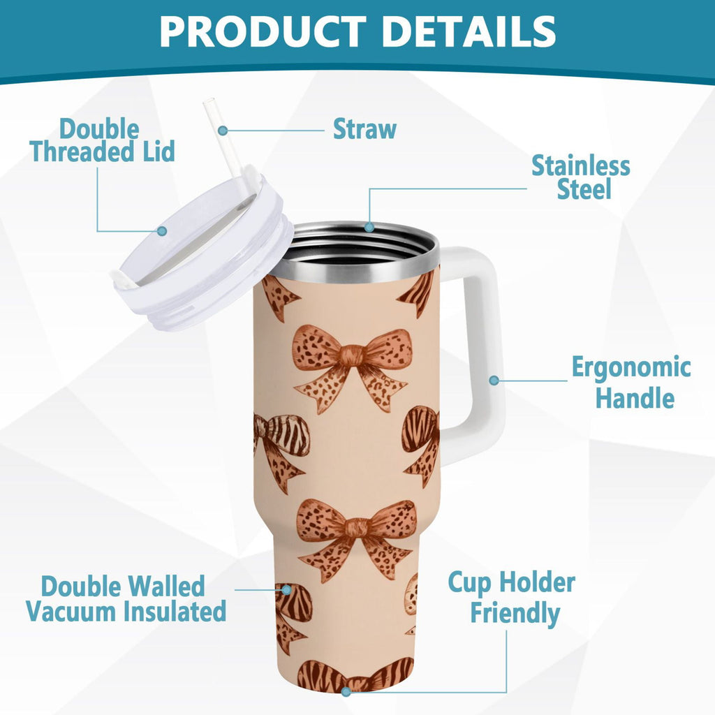 40 oz Insulated Stainless Steel Tumbler Double Wall Stainless Steel Tumbler with 2-Way Drinking Leopard Print Bow - Q3LB