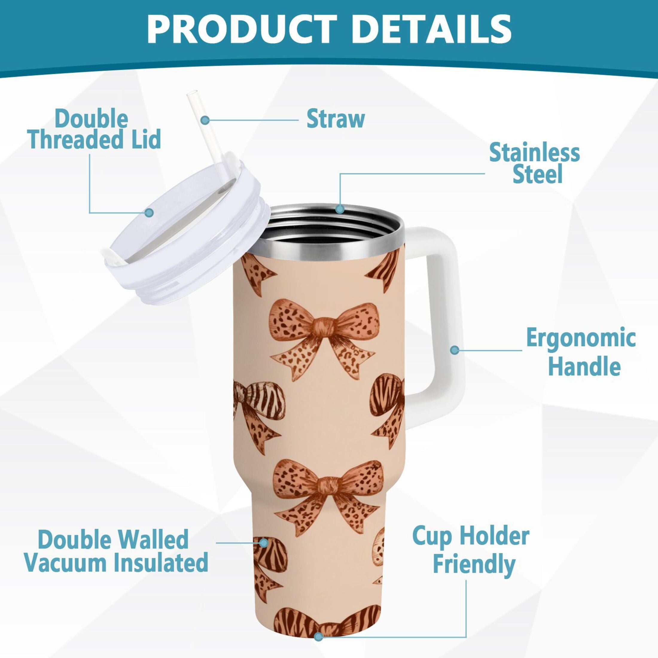 40 oz Insulated Stainless Steel Tumbler Double Wall Stainless Steel Tumbler with 2-Way Drinking Leopard Print Bow - Q3LB