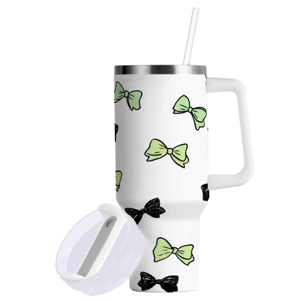 40 oz Insulated Stainless Steel Tumbler Double Wall Stainless Steel Tumbler with 2-Way Drinking Green and Black Bows - QUAU