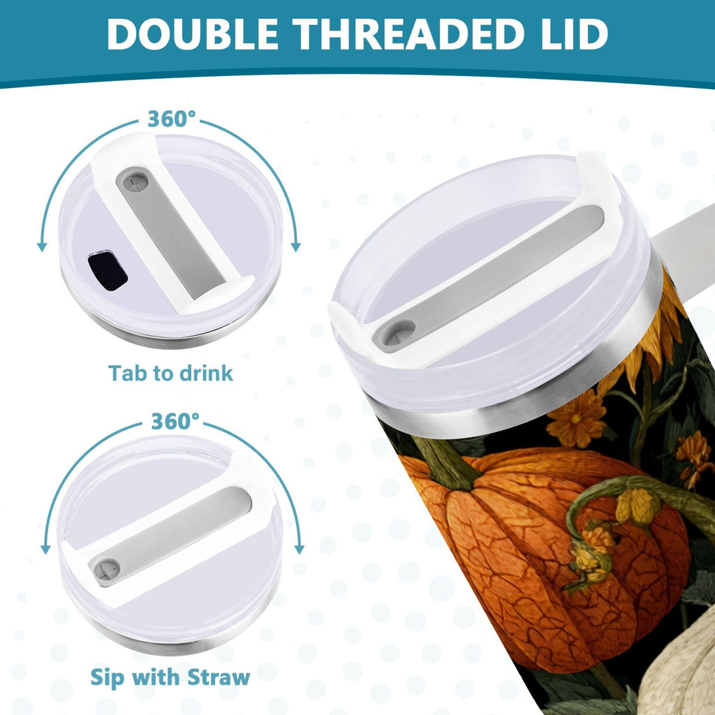 40 oz Insulated Stainless Steel Tumbler Double Wall Stainless Steel Tumbler with 2-Way Drinking Pumpkins and Sunflowers Pattern - GDXS
