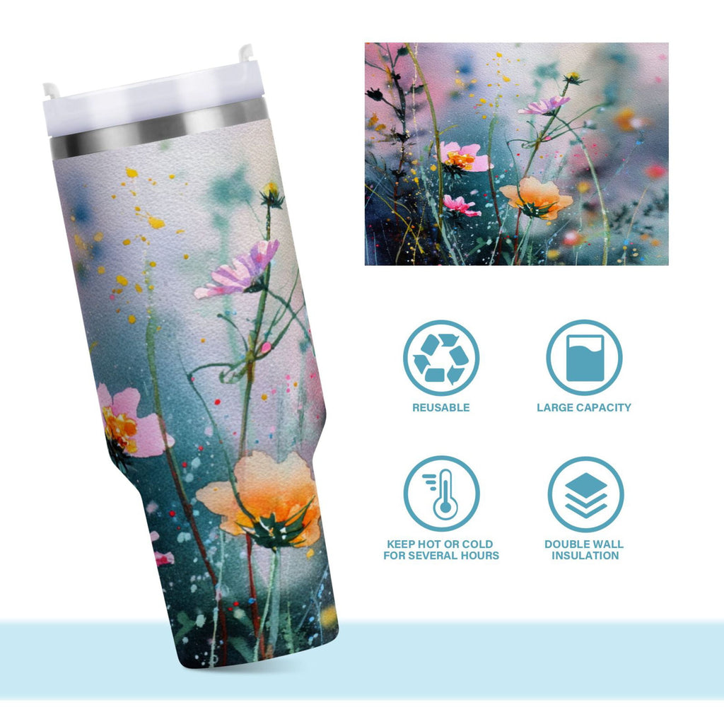 40 oz Insulated Stainless Steel Tumbler Double Wall Stainless Steel Tumbler with 2-Way Drinking Abstract Wildflowers - E6IR