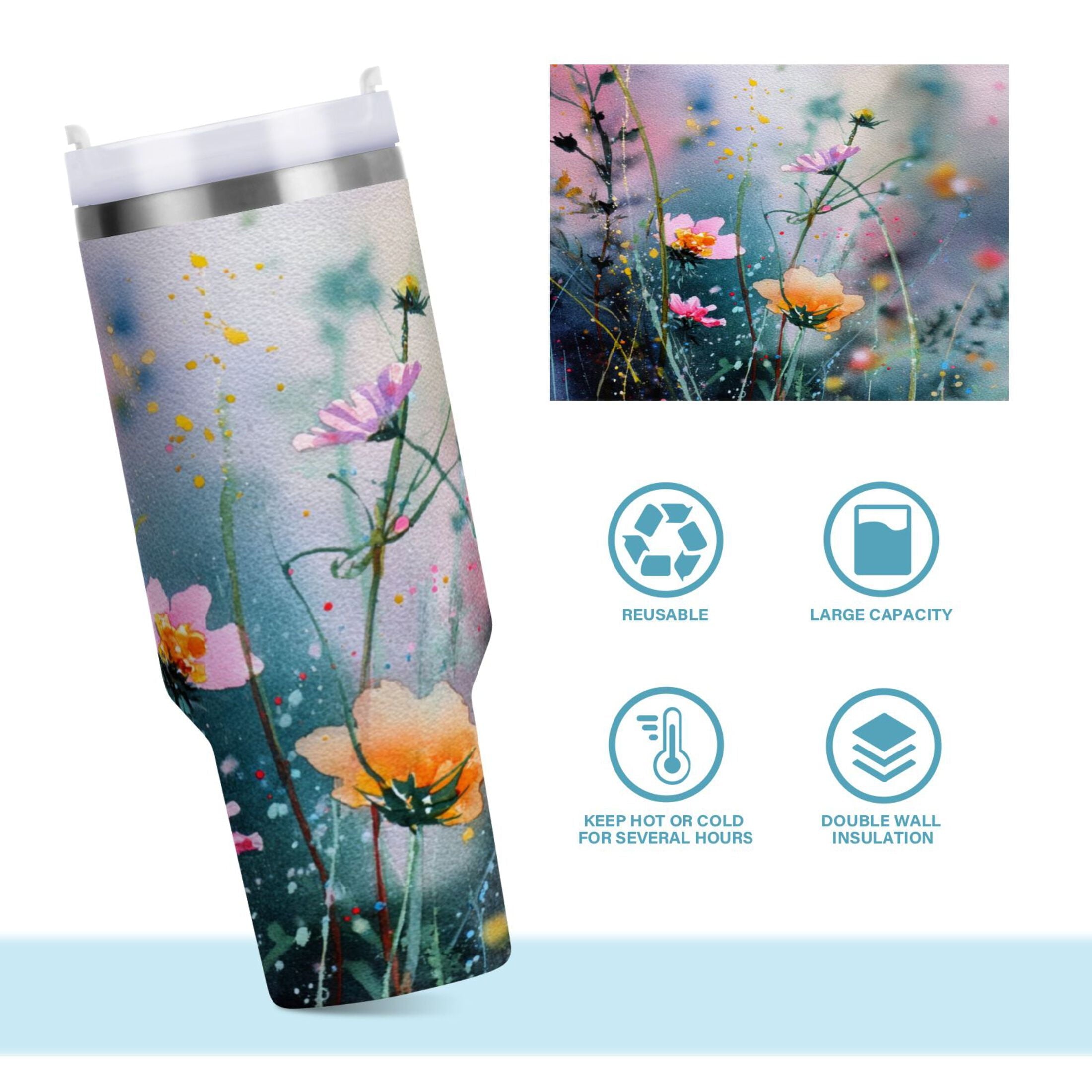 40 oz Insulated Stainless Steel Tumbler Double Wall Stainless Steel Tumbler with 2-Way Drinking Abstract Wildflowers - E6IR