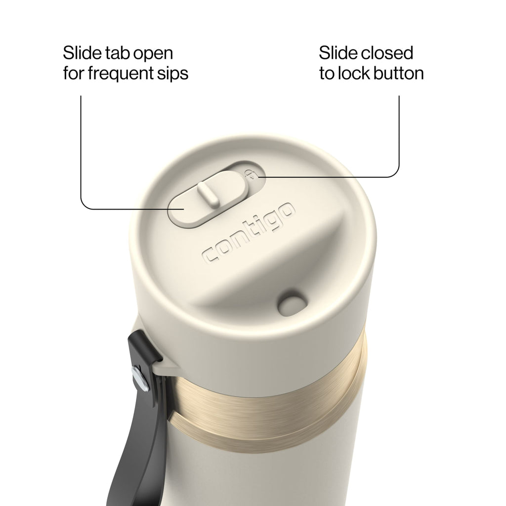 Contigo AutoSeal Leakproof Stainless Steel Reusable Water Bottle Tumbler with Carrying Strap, Cream/Champagne, 24 oz - 5WM2