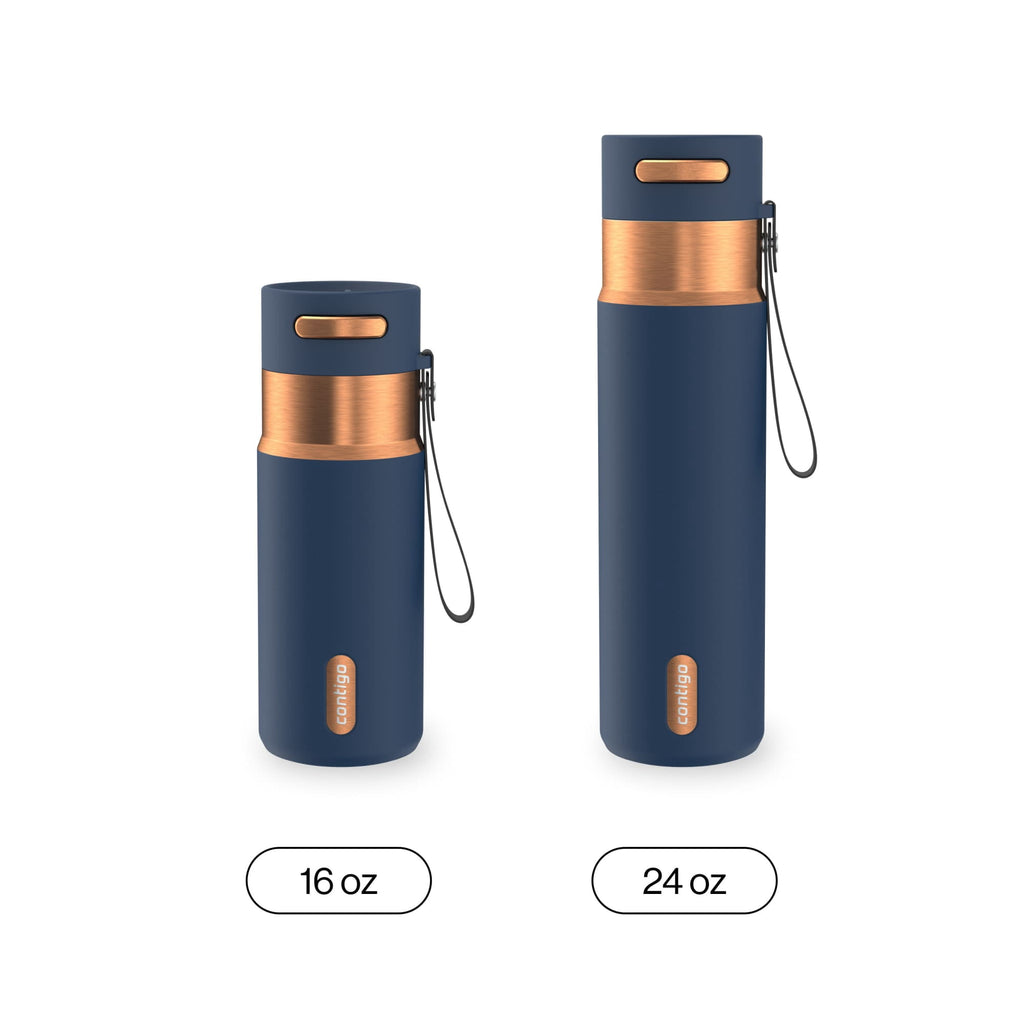 Contigo AutoSeal Leakproof Stainless Steel Reusable Water Bottle Tumbler with Carrying Strap, Cream/Champagne, 24 oz - 5WM2