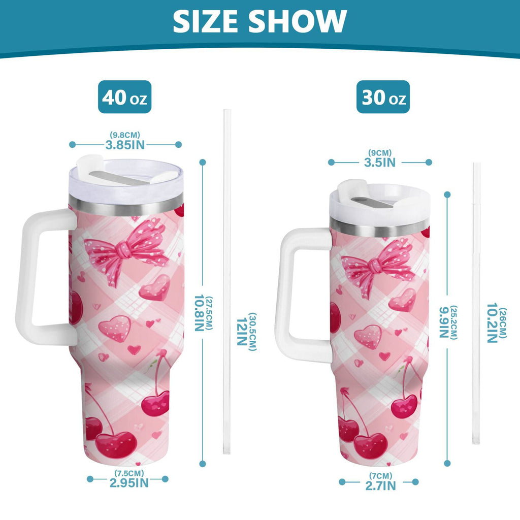 30 oz Insulated Stainless Steel Tumbler Double Wall Stainless Steel Tumbler with 2-Way Drinking Cherry and Pink Bow Pattern - GF7C