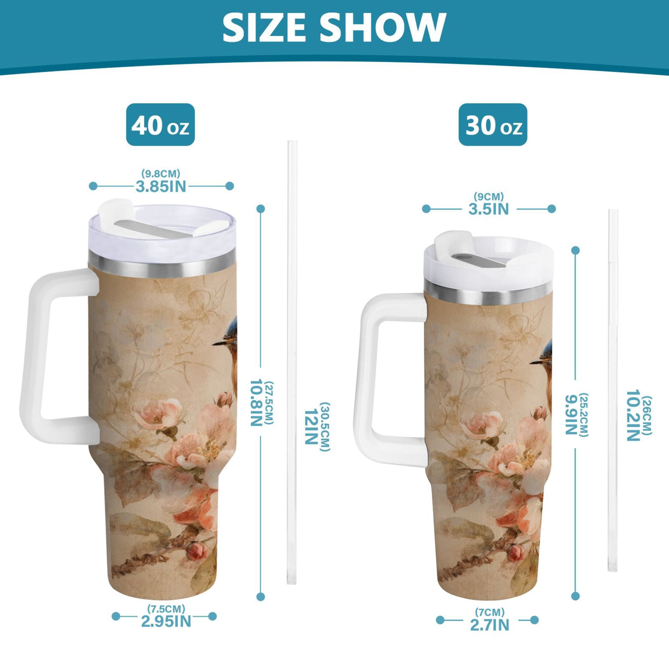 40 oz Insulated Stainless Steel Tumbler Double Wall Stainless Steel Tumbler with 2-Way Drinking Bluebird and Ancient Flowers - TNYY