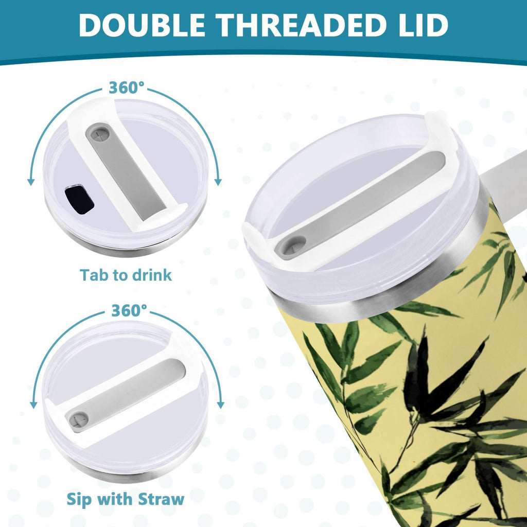 30 oz Insulated Stainless Steel Tumbler Double Wall Stainless Steel Tumbler with 2-Way Drinking Bamboo and Green Leaves - X1QJ
