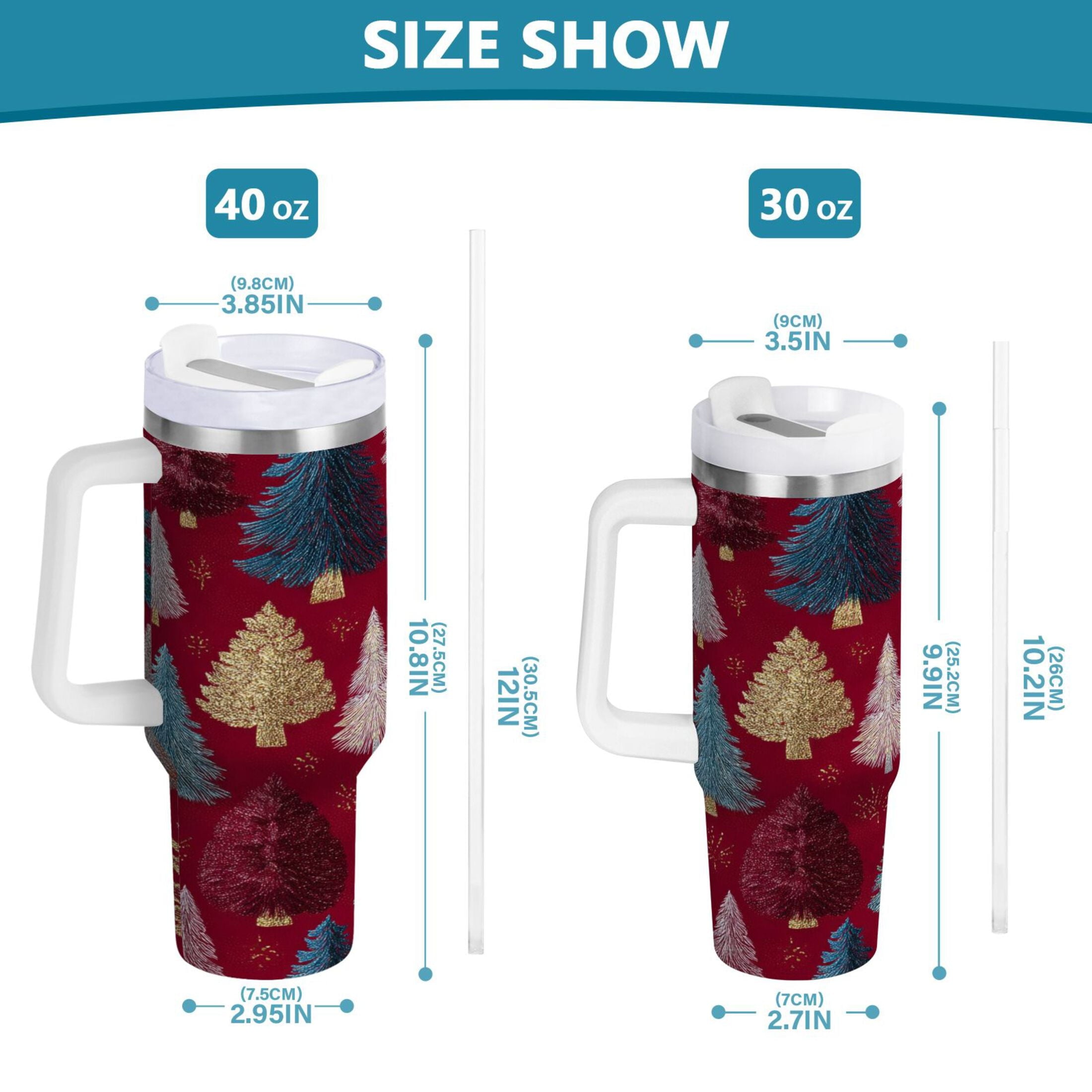 30 oz Insulated Stainless Steel Tumbler Double Wall Stainless Steel Tumbler with 2-Way Drinking Stylized Christmas Trees - KAJ6