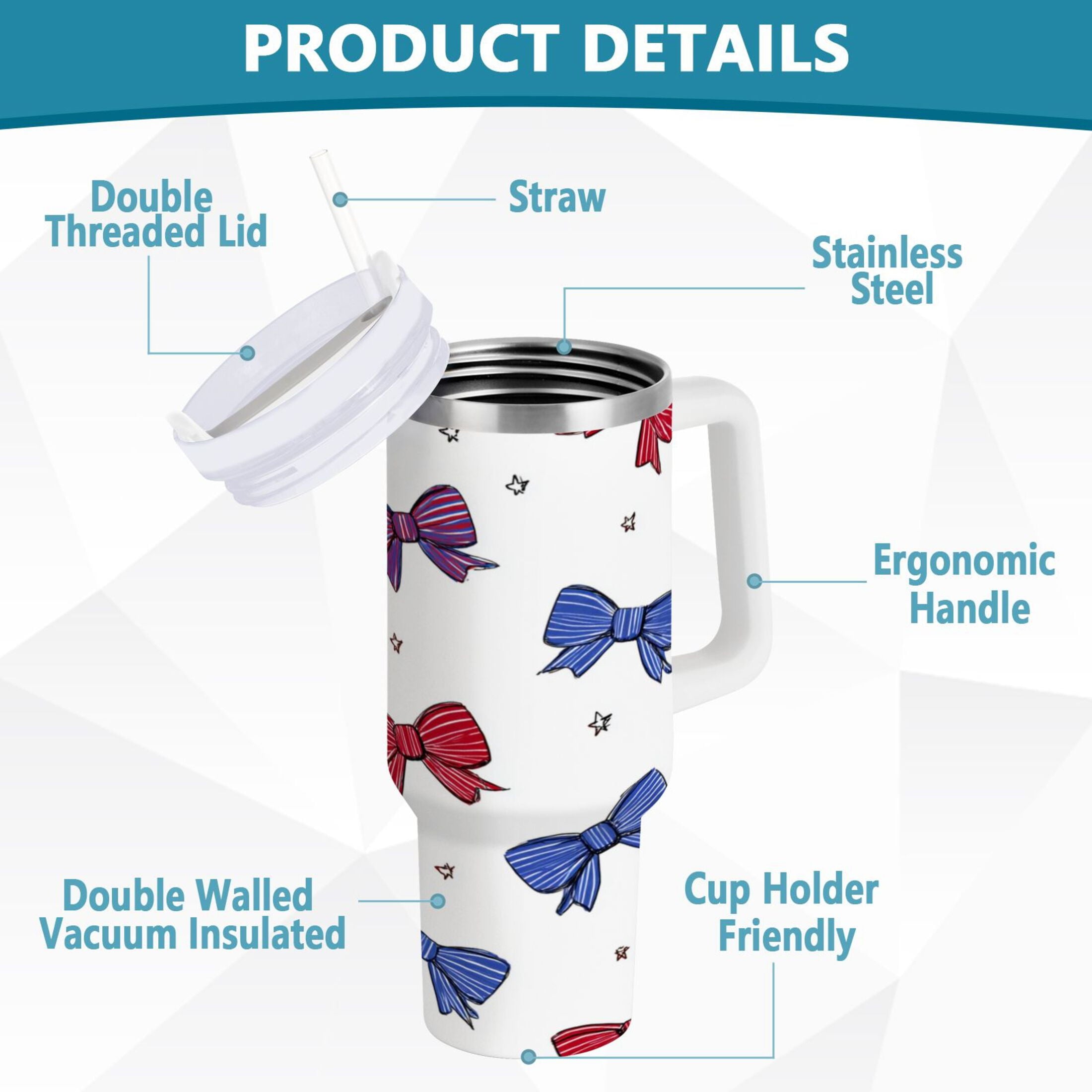 30 oz Insulated Stainless Steel Tumbler Double Wall Stainless Steel Tumbler with 2-Way Drinking Red and Blue Stripe Bows - 1GWC