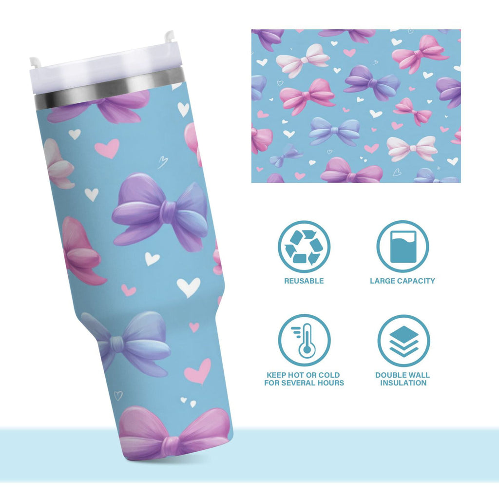 30 oz Insulated Stainless Steel Tumbler Double Wall Stainless Steel Tumbler with 2-Way Drinking Pink and Purple Bows - TVA1