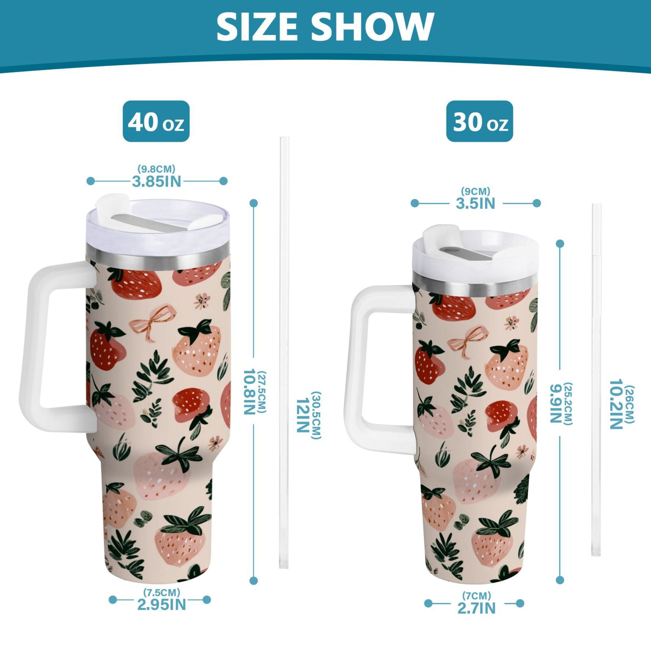 30 oz Insulated Stainless Steel Tumbler Double Wall Stainless Steel Tumbler with 2-Way Drinking Cute Pinks Strawberries - JPDO