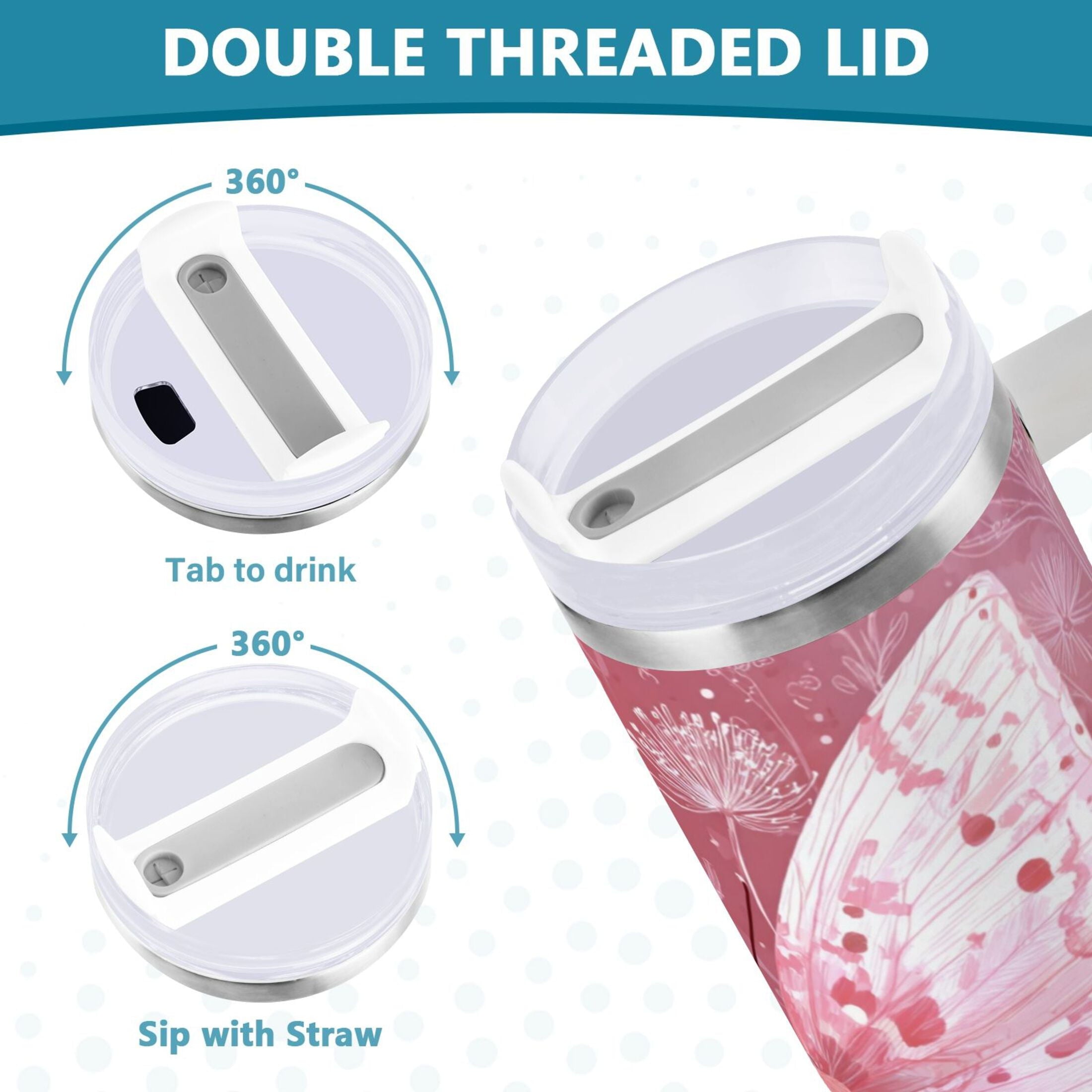 30 oz Insulated Stainless Steel Tumbler Double Wall Stainless Steel Tumbler with 2-Way Drinking Soft Pink Butterfly - 2RQD