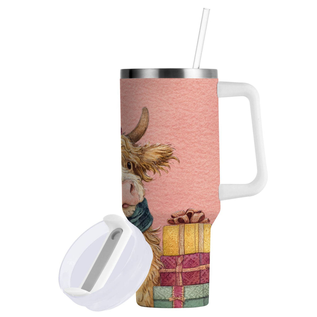 30 oz Insulated Stainless Steel Tumbler Double Wall Stainless Steel Tumbler with 2-Way Drinking Cow Wearing Scarf and Hat - AI5P