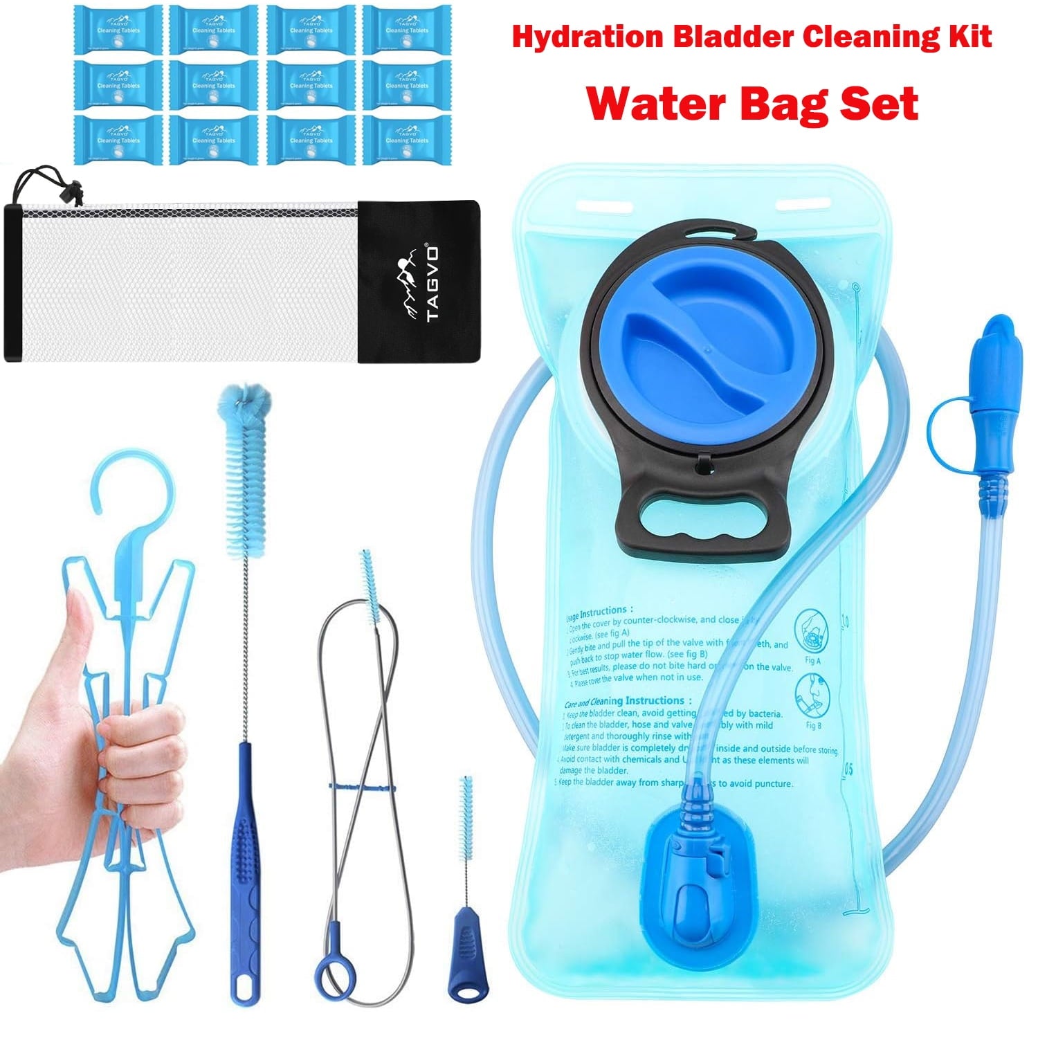 TAGVO Hydration Bladder 2 Liter BPA Free 70oz + Cleaning Brushes Kit, Leakproof Water Bladder Travel Reservoir Hydration Bag, Easy Cleaning by 3 Brushes and Air Drying by Collapsible Frame - I4UQ