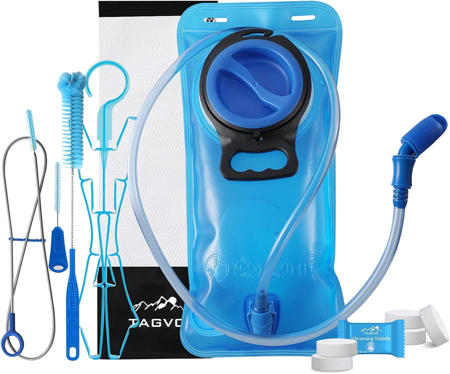 TAGVO Hydration Bladder 2 Liter BPA Free 70oz + Cleaning Brushes Kit, Leakproof Water Bladder Travel Reservoir Hydration Bag, Easy Cleaning by 3 Brushes and Air Drying by Collapsible Frame - I4UQ