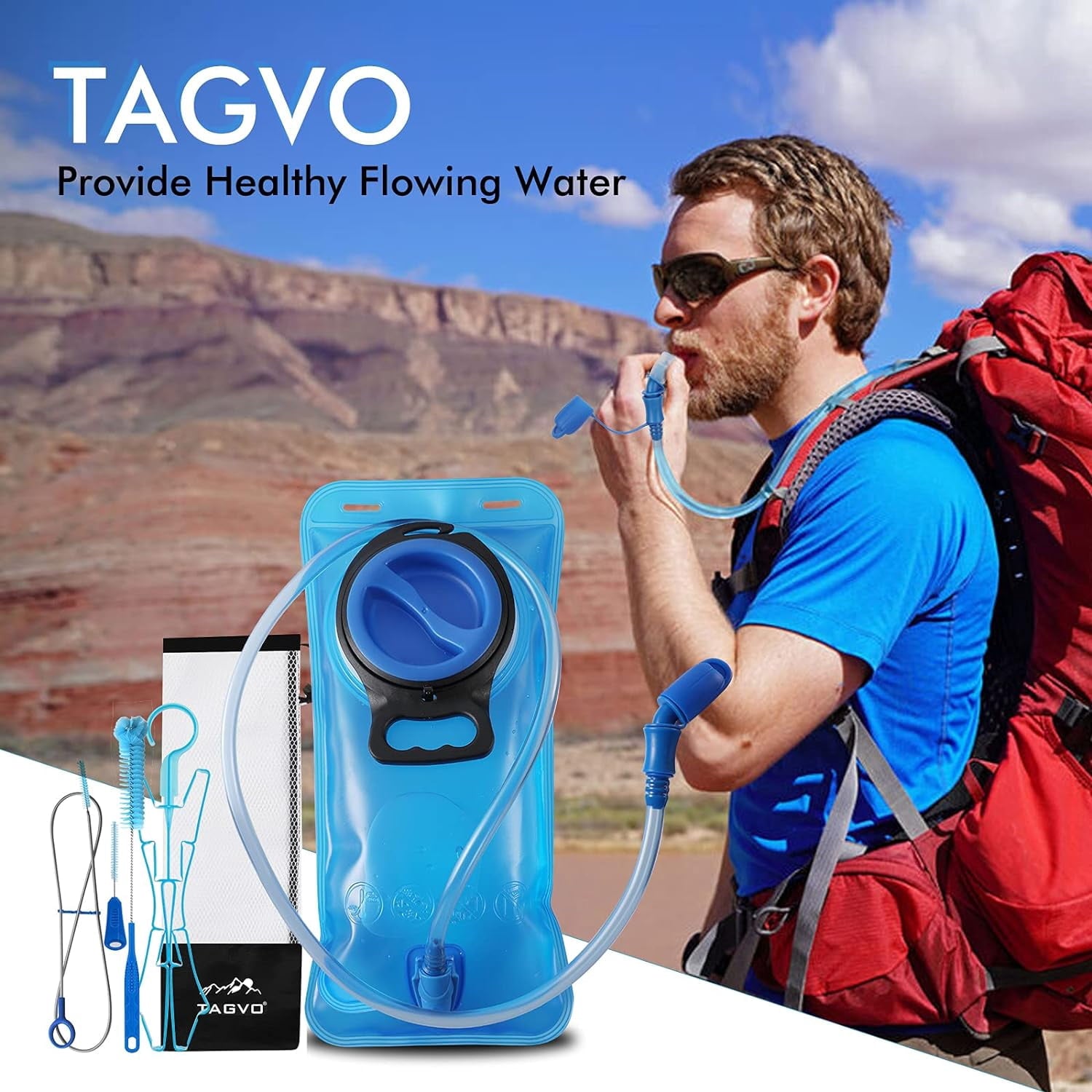 TAGVO Hydration Bladder 2 Liter BPA Free 70oz + Cleaning Brushes Kit, Leakproof Water Bladder Travel Reservoir Hydration Bag, Easy Cleaning by 3 Brushes and Air Drying by Collapsible Frame - I4UQ