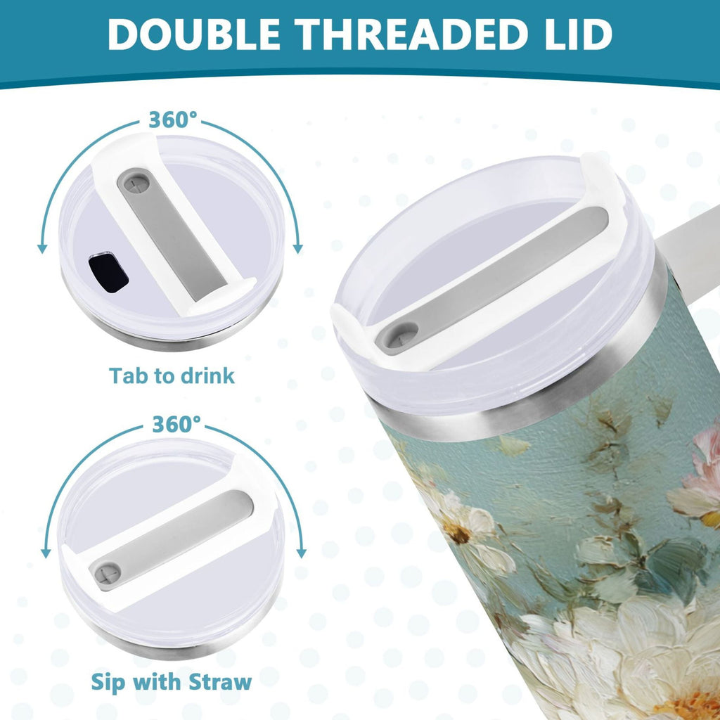 40 oz Insulated Stainless Steel Tumbler Double Wall Stainless Steel Tumbler with 2-Way Drinking Vintage Peonies and Daisies - 6235
