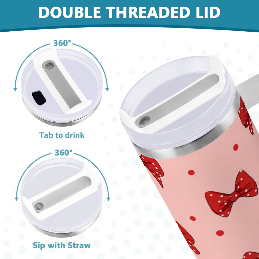 40 oz Insulated Stainless Steel Tumbler Double Wall Stainless Steel Tumbler with 2-Way Drinking Red Bows and Polka Dots - X5A8