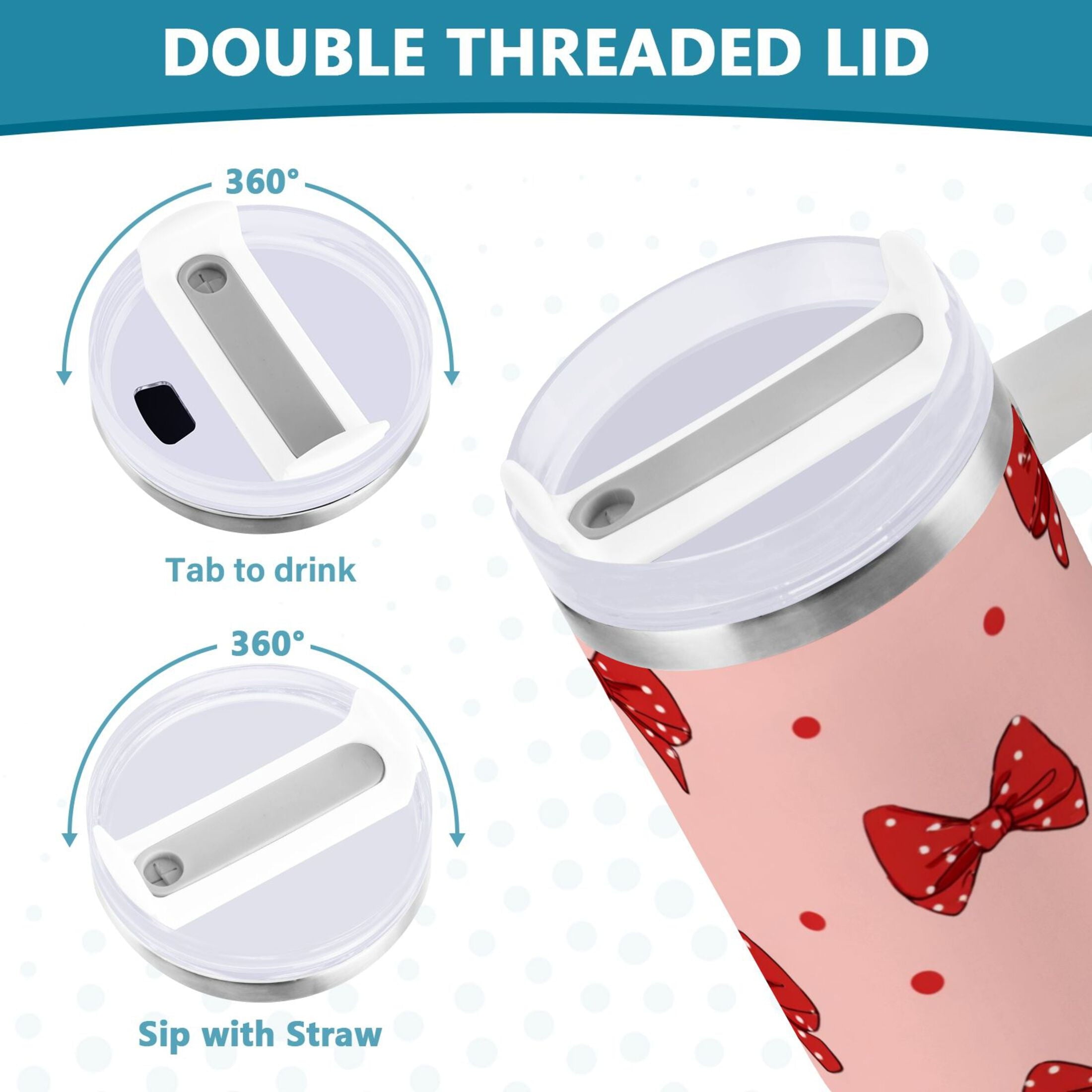 40 oz Insulated Stainless Steel Tumbler Double Wall Stainless Steel Tumbler with 2-Way Drinking Red Bows and Polka Dots - X5A8