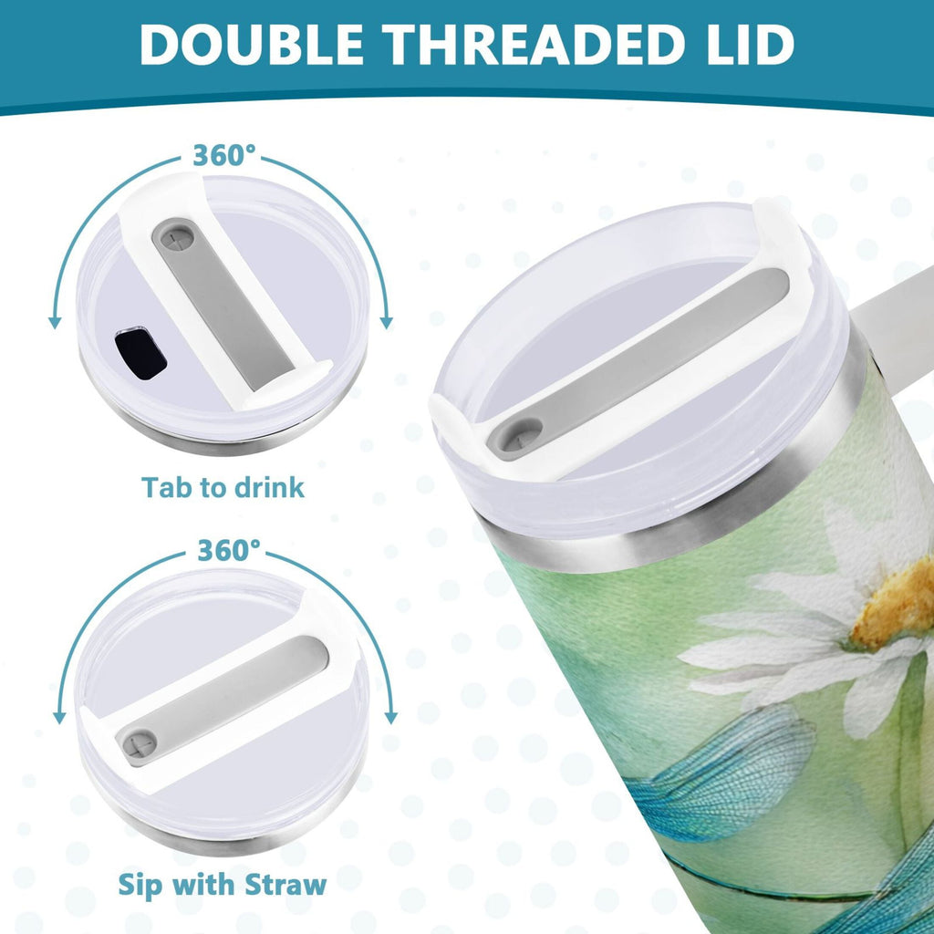 30 oz Insulated Stainless Steel Tumbler Double Wall Stainless Steel Tumbler with 2-Way Drinking Beautiful Dragonflies and Daisies - GLPX