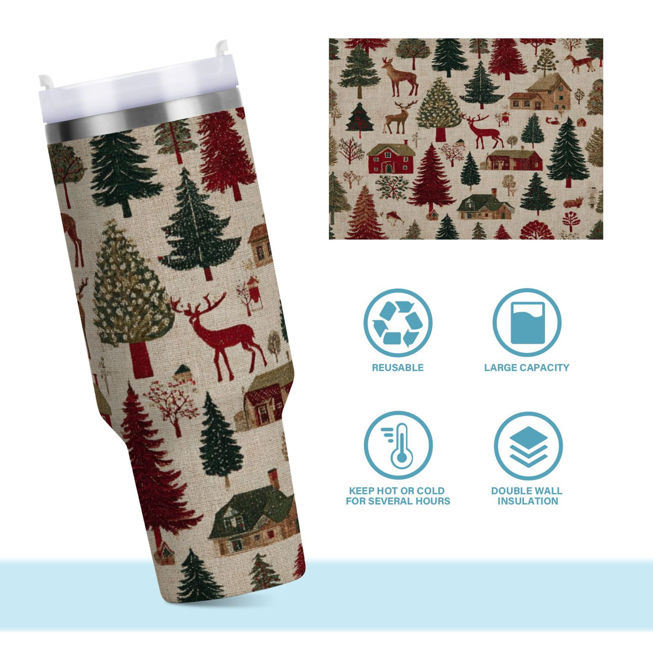 30 oz Insulated Stainless Steel Tumbler Double Wall Stainless Steel Tumbler with 2-Way Drinking Christmas Trees Deer and Houses - NPZW