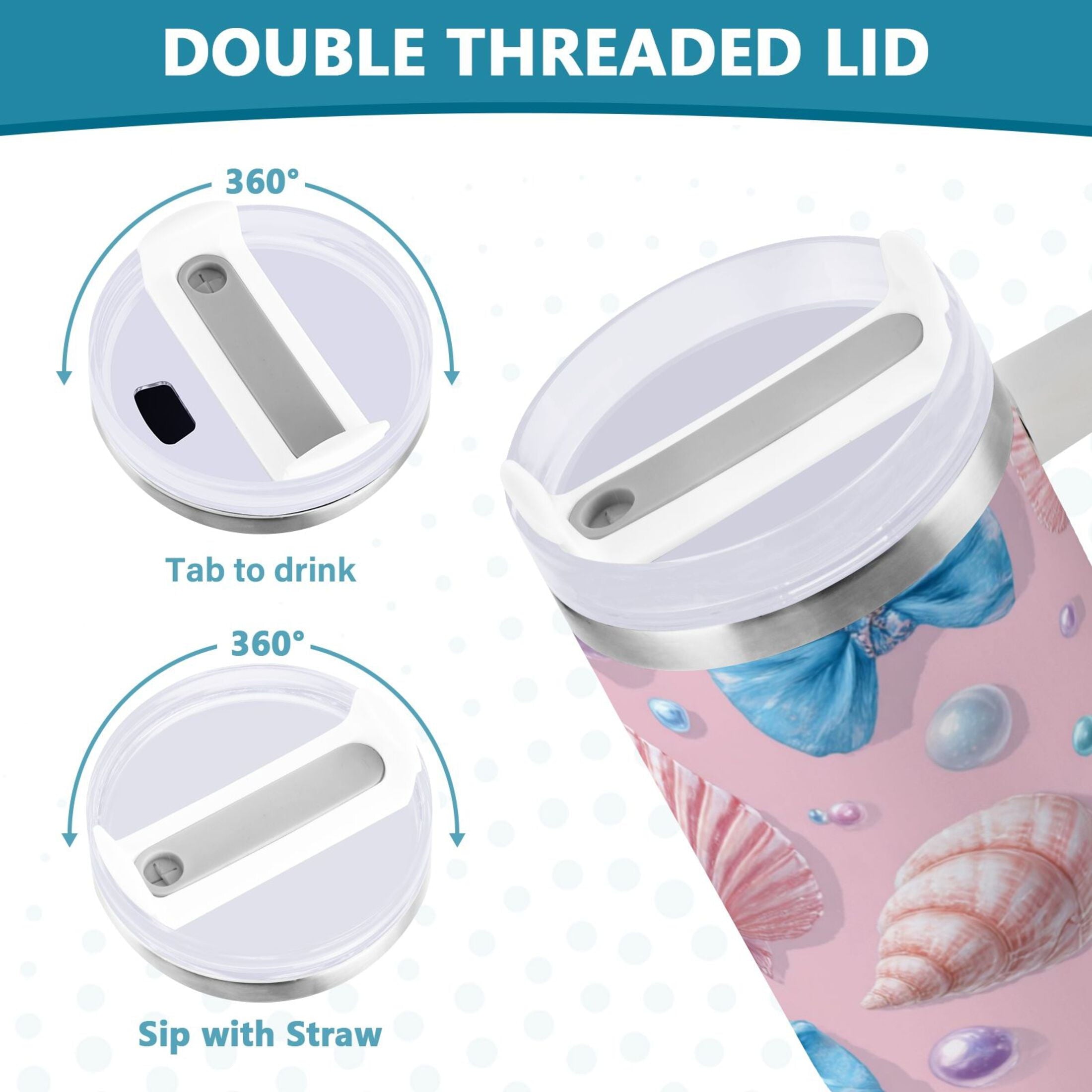 30 oz Insulated Stainless Steel Tumbler Double Wall Stainless Steel Tumbler with 2-Way Drinking Seashells and Bows - TBBL