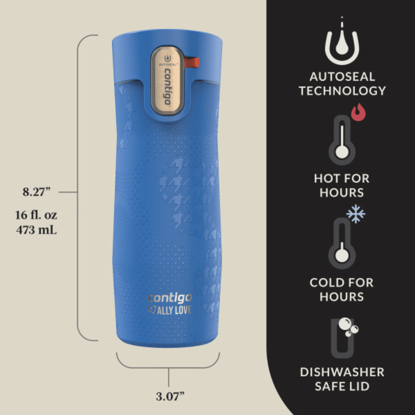 Contigo x Ally Love Autoseal West Loop Vacuum-Insulated Stainless Steel Travel Mug with Easy-Clean Lid, 16 oz, Stellar Jay - HHS3