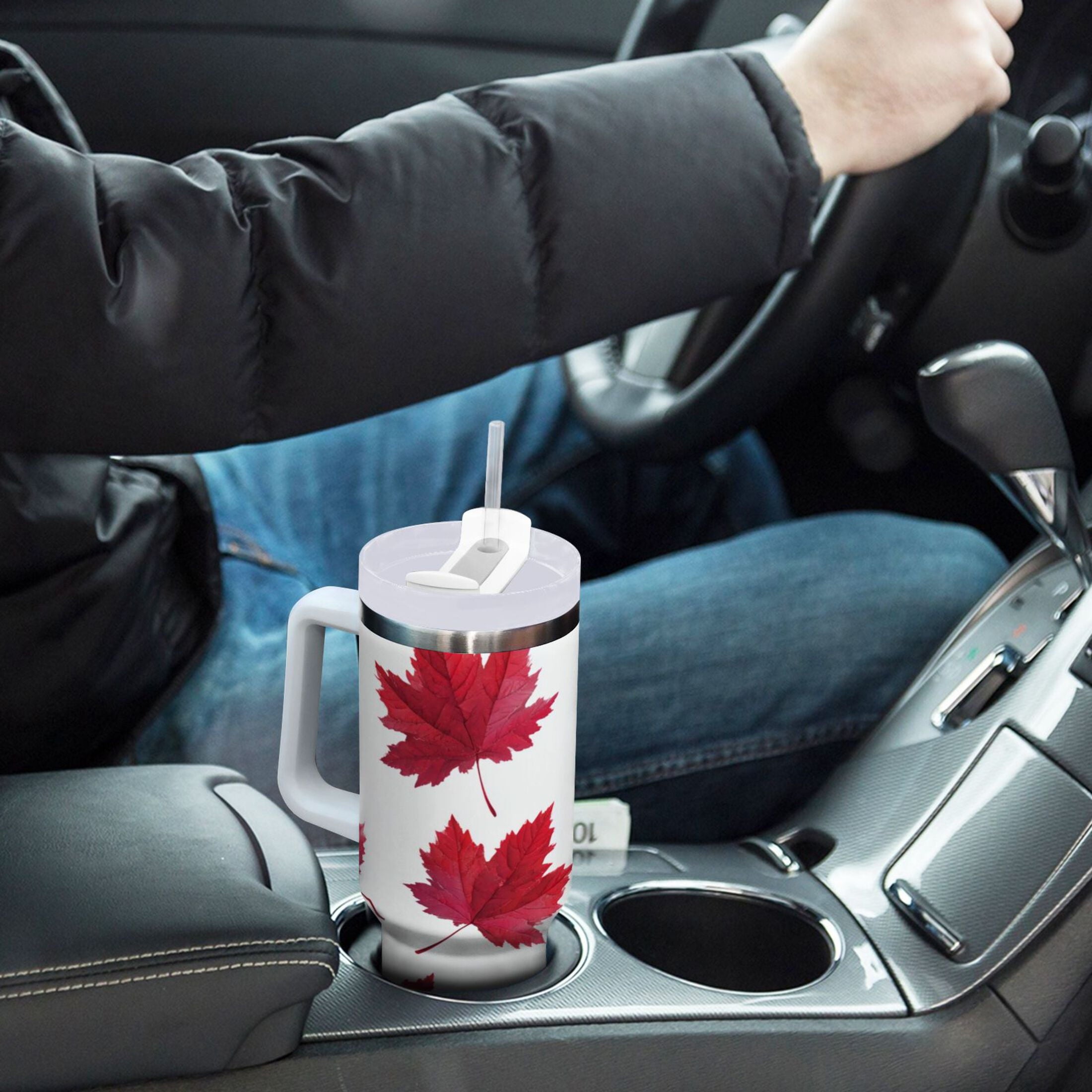 30 oz Insulated Stainless Steel Tumbler Double Wall Stainless Steel Tumbler with 2-Way Drinking Red Maple Leaves - YO81