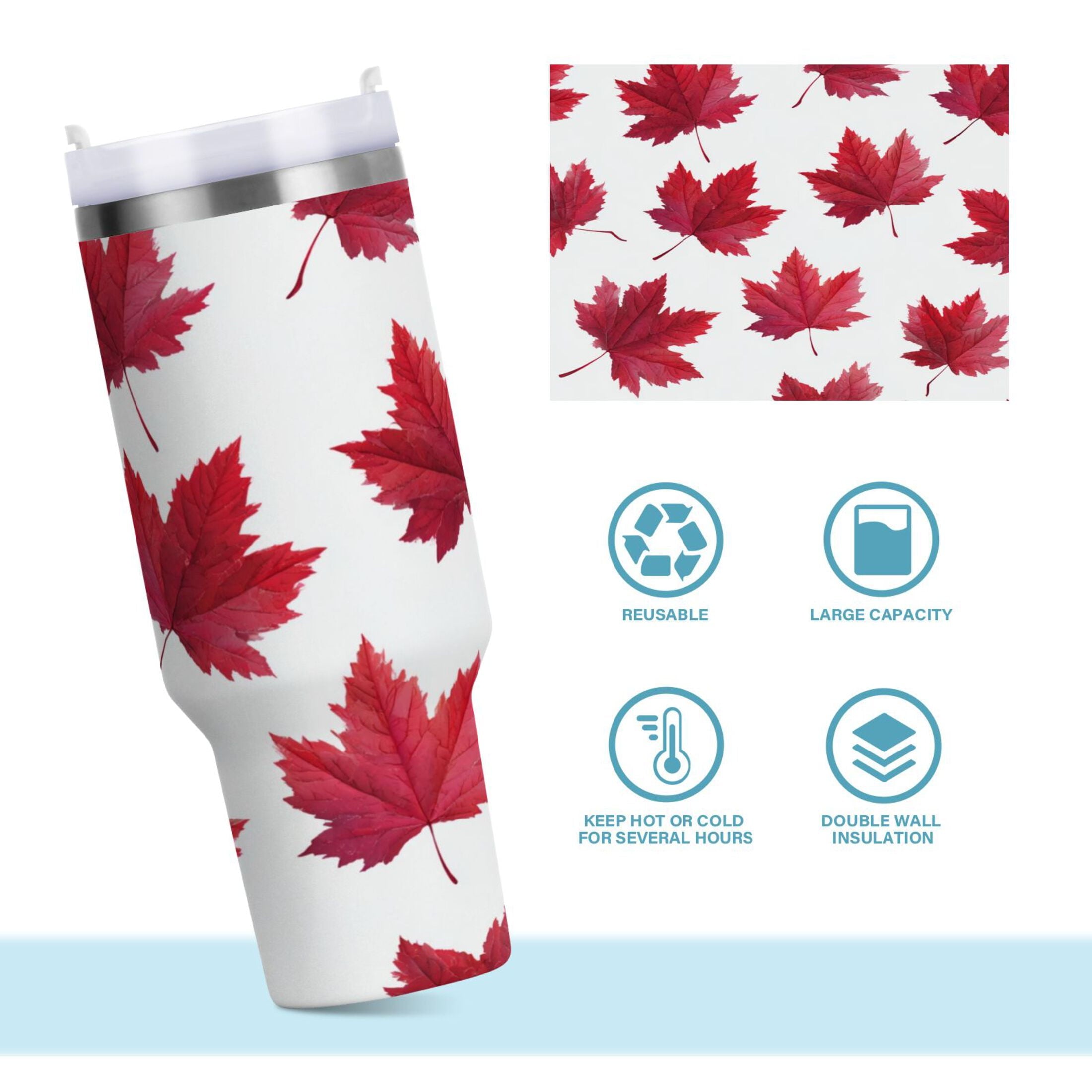 30 oz Insulated Stainless Steel Tumbler Double Wall Stainless Steel Tumbler with 2-Way Drinking Red Maple Leaves - YO81