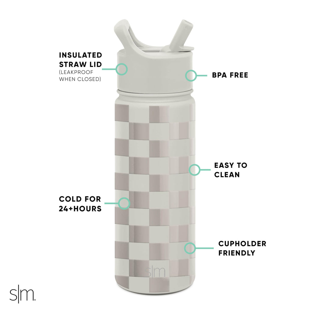 Simple Modern Kids Water Bottle with Straw Lid Vacuum Insulated Stainless Steel Metal Thermos Bottles | Reusable Leak Proof BPA-Free Flask for School | Summit Collection | 18oz, Checkmate - 1JT2