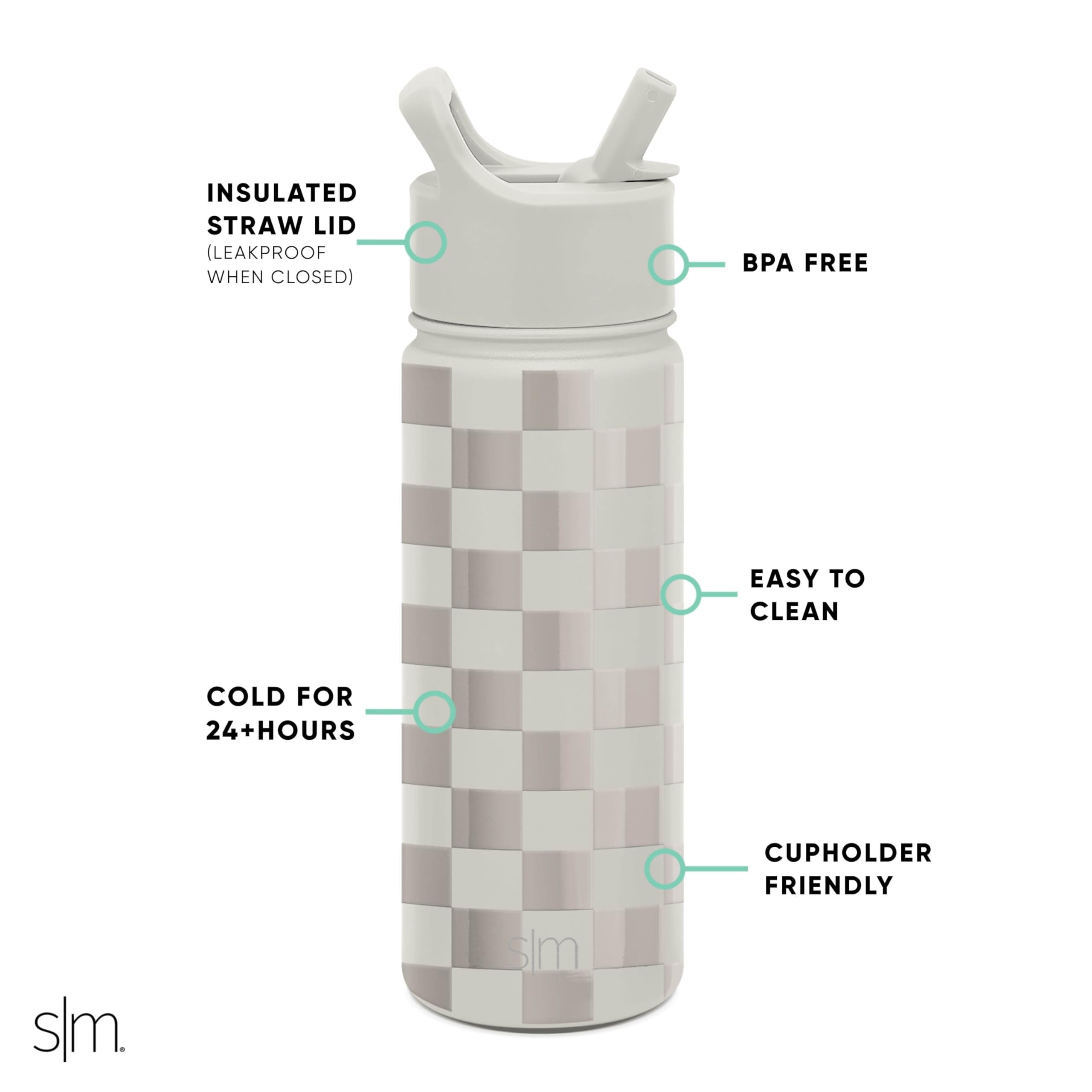 Simple Modern Kids Water Bottle with Straw Lid Vacuum Insulated Stainless Steel Metal Thermos Bottles | Reusable Leak Proof BPA-Free Flask for School | Summit Collection | 18oz, Checkmate - 1JT2