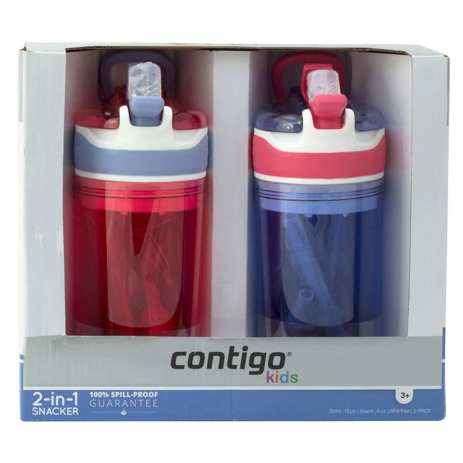 Contigo Kids 2-in-1 Snack Hero Tumbler Featuring 4oz Snack Holder Stacked on Top of 13oz Water Bottle - BPA Free, Durable Tritan w/Flexible Carry Handle &amp; Spill-Proof Valve, Purple &amp; Pink – 2 Pack - BM5A