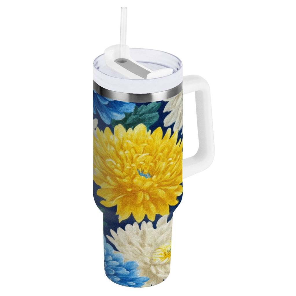 30 oz Insulated Stainless Steel Tumbler Double Wall Stainless Steel Tumbler with 2-Way Drinking Yellow and White Chrysanthemum - LOGS