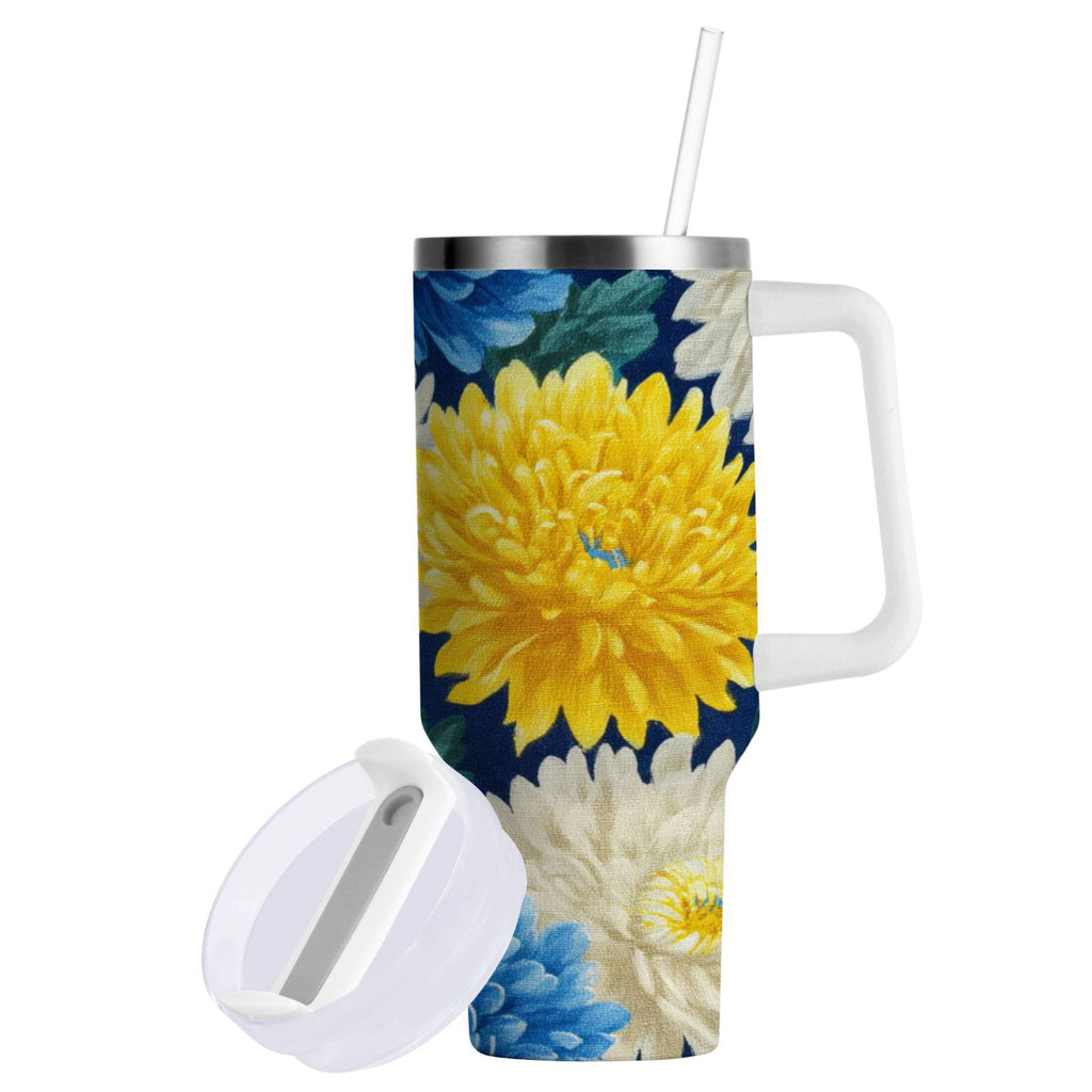 30 oz Insulated Stainless Steel Tumbler Double Wall Stainless Steel Tumbler with 2-Way Drinking Yellow and White Chrysanthemum - LOGS