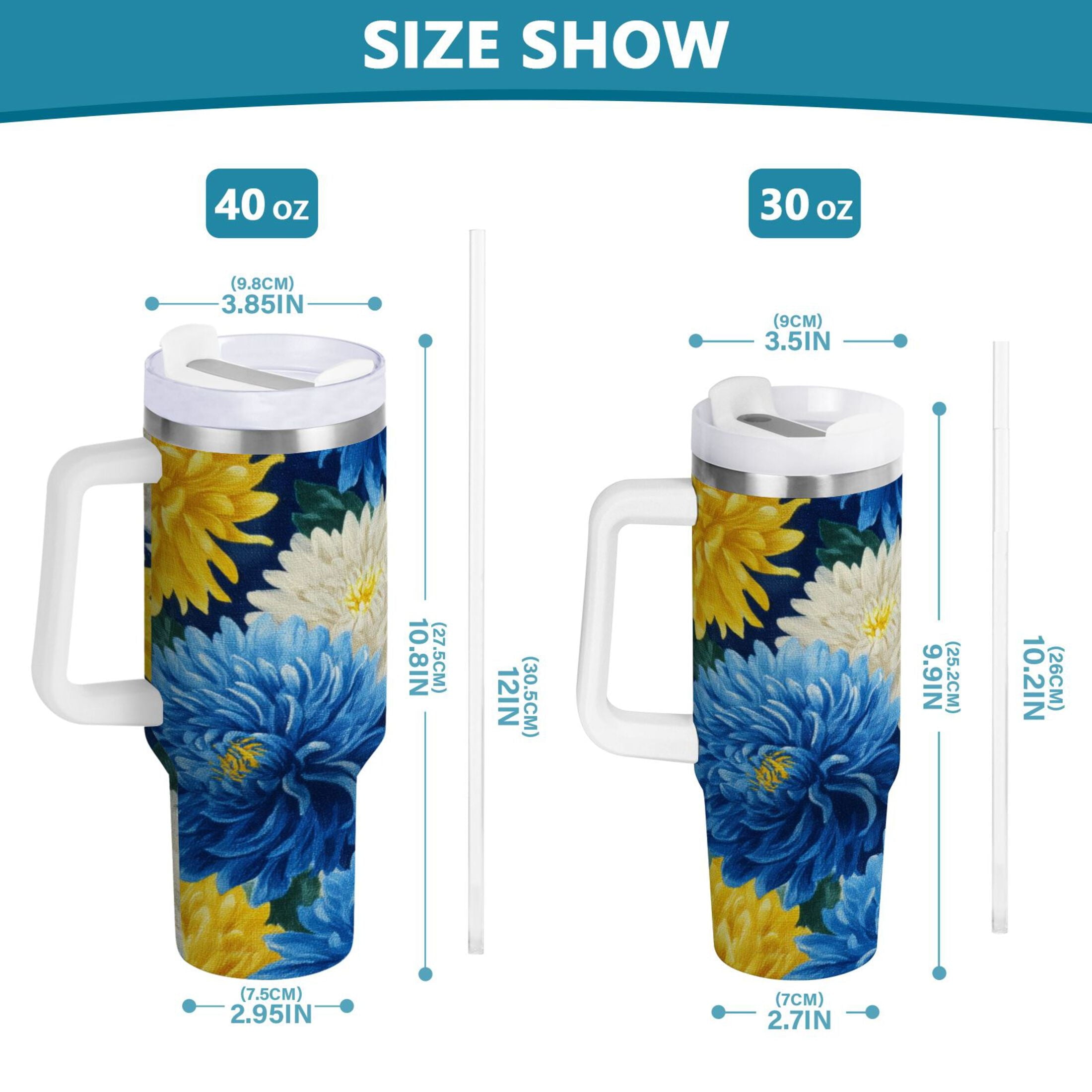 30 oz Insulated Stainless Steel Tumbler Double Wall Stainless Steel Tumbler with 2-Way Drinking Yellow and White Chrysanthemum - LOGS