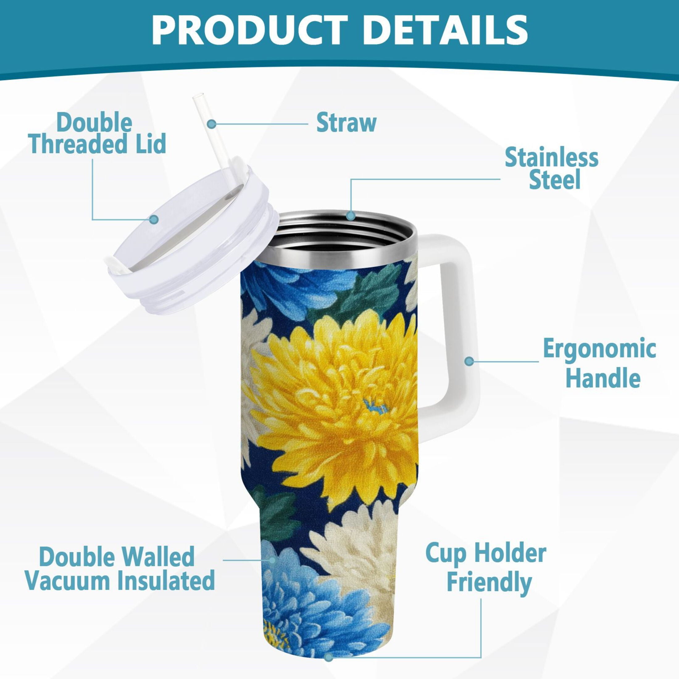 30 oz Insulated Stainless Steel Tumbler Double Wall Stainless Steel Tumbler with 2-Way Drinking Yellow and White Chrysanthemum - LOGS