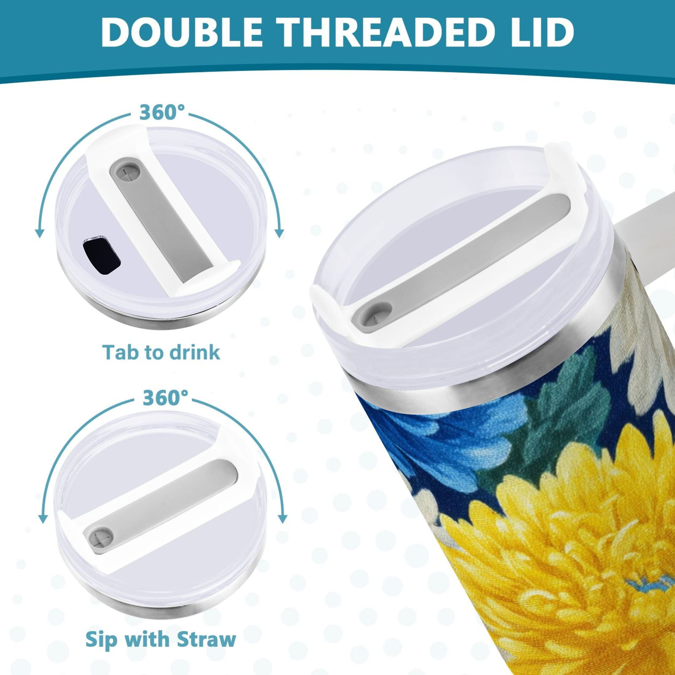 30 oz Insulated Stainless Steel Tumbler Double Wall Stainless Steel Tumbler with 2-Way Drinking Yellow and White Chrysanthemum - LOGS
