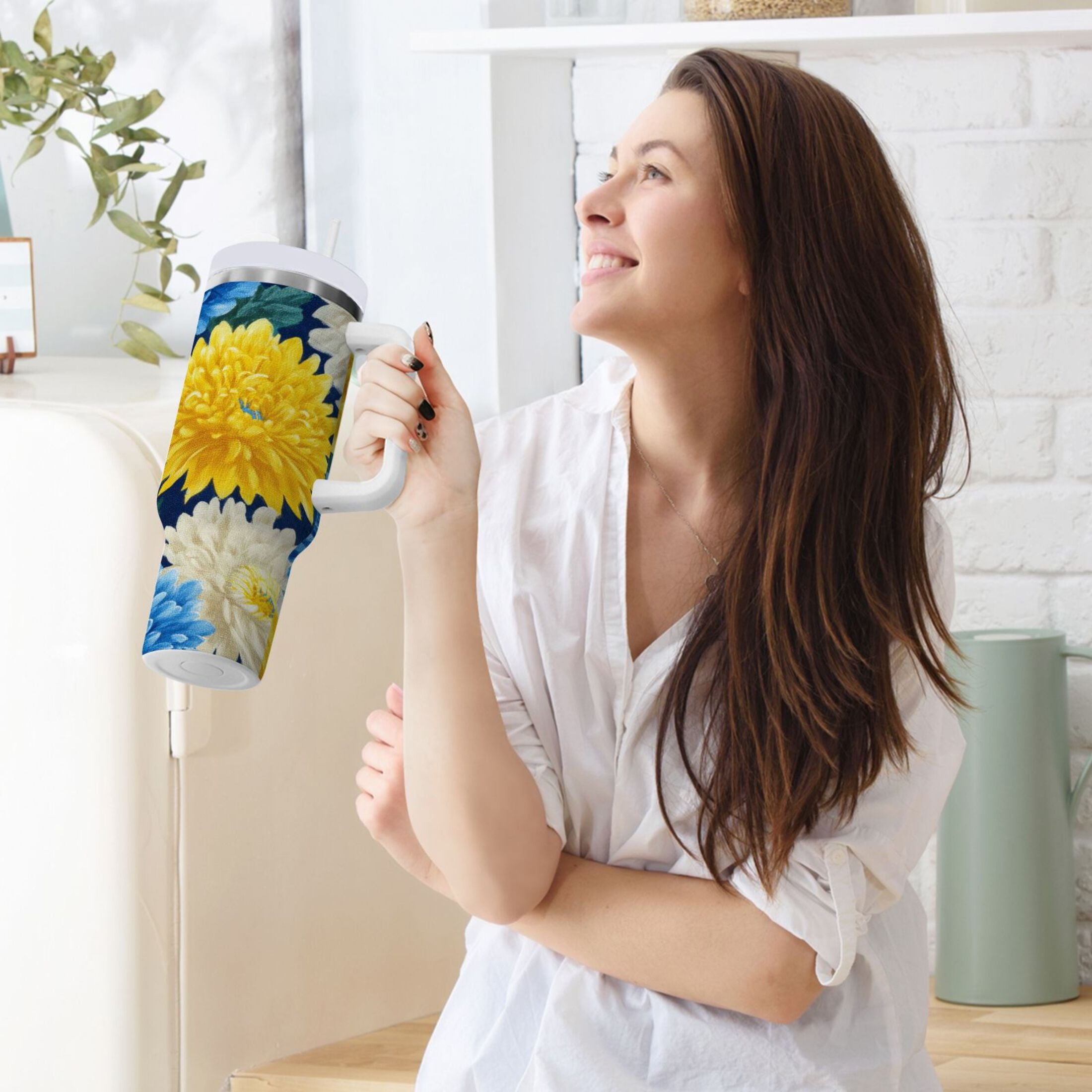 30 oz Insulated Stainless Steel Tumbler Double Wall Stainless Steel Tumbler with 2-Way Drinking Yellow and White Chrysanthemum - LOGS