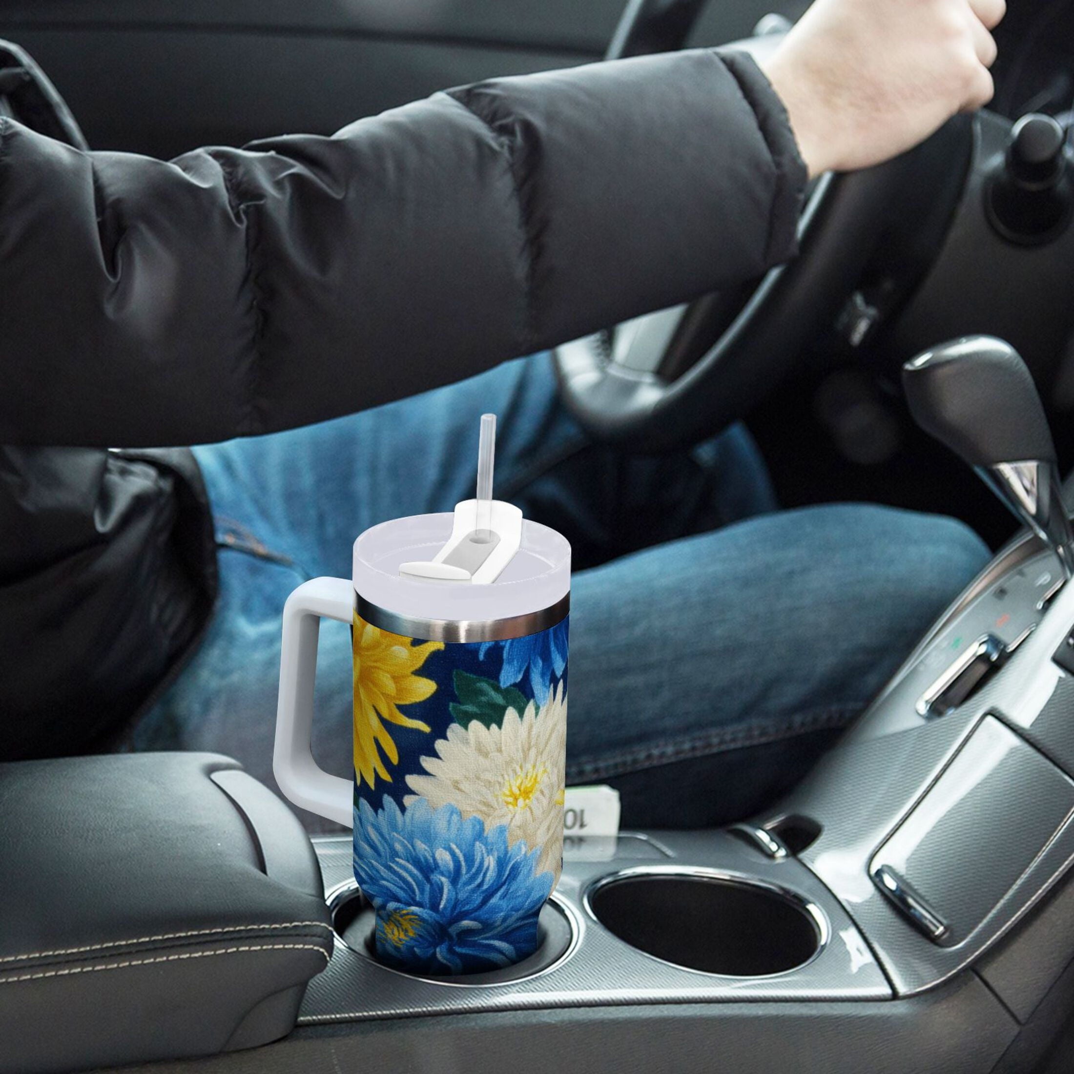 30 oz Insulated Stainless Steel Tumbler Double Wall Stainless Steel Tumbler with 2-Way Drinking Yellow and White Chrysanthemum - LOGS