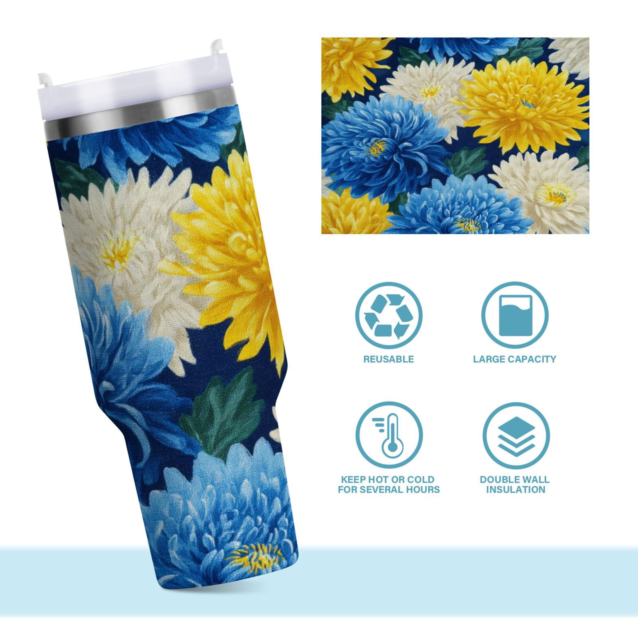 30 oz Insulated Stainless Steel Tumbler Double Wall Stainless Steel Tumbler with 2-Way Drinking Yellow and White Chrysanthemum - LOGS