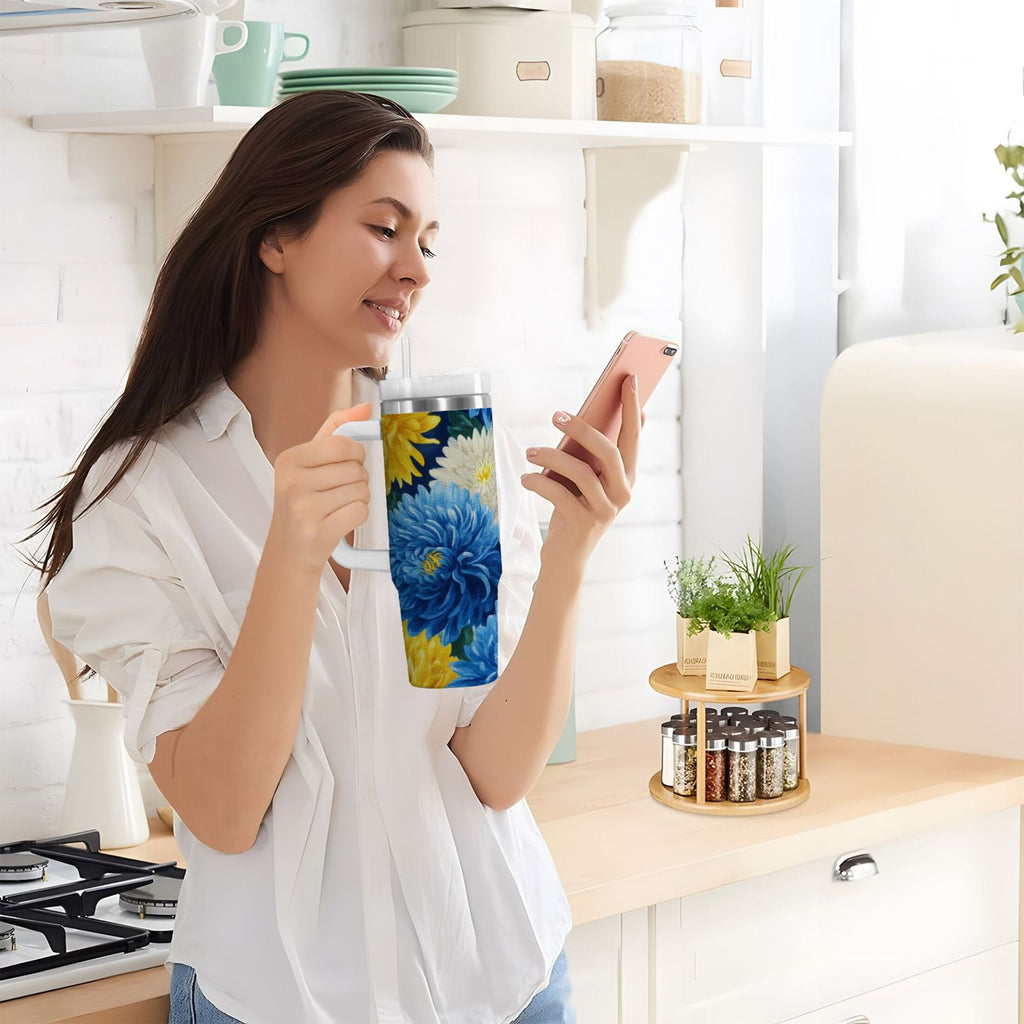 30 oz Insulated Stainless Steel Tumbler Double Wall Stainless Steel Tumbler with 2-Way Drinking Yellow and White Chrysanthemum - LOGS