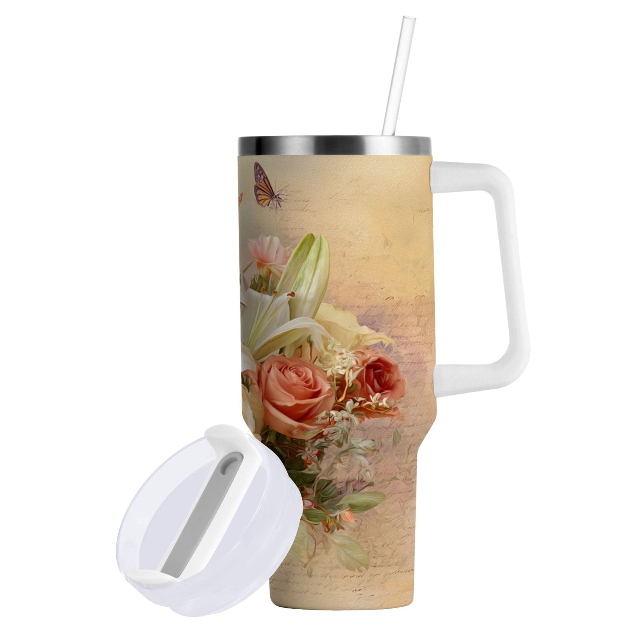 30 oz Insulated Stainless Steel Tumbler Double Wall Stainless Steel Tumbler with 2-Way Drinking Beautiful Floral Bouquet - CF2O